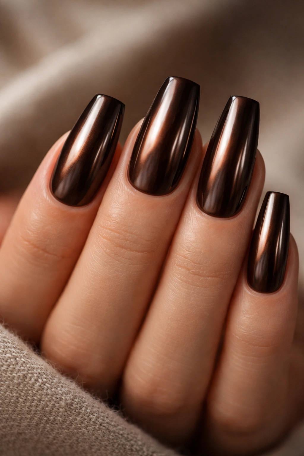Close-up of espresso chrome coffin nails on a neutral background
