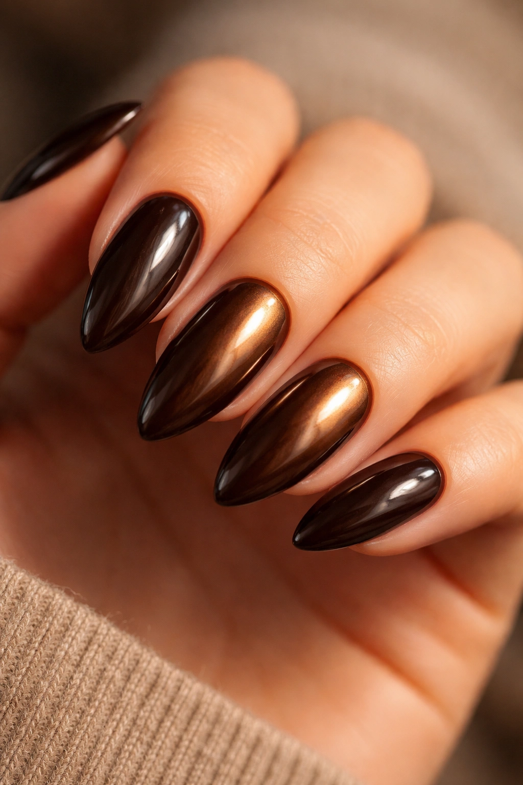 Almond nails with espresso base and bronze chrome accent