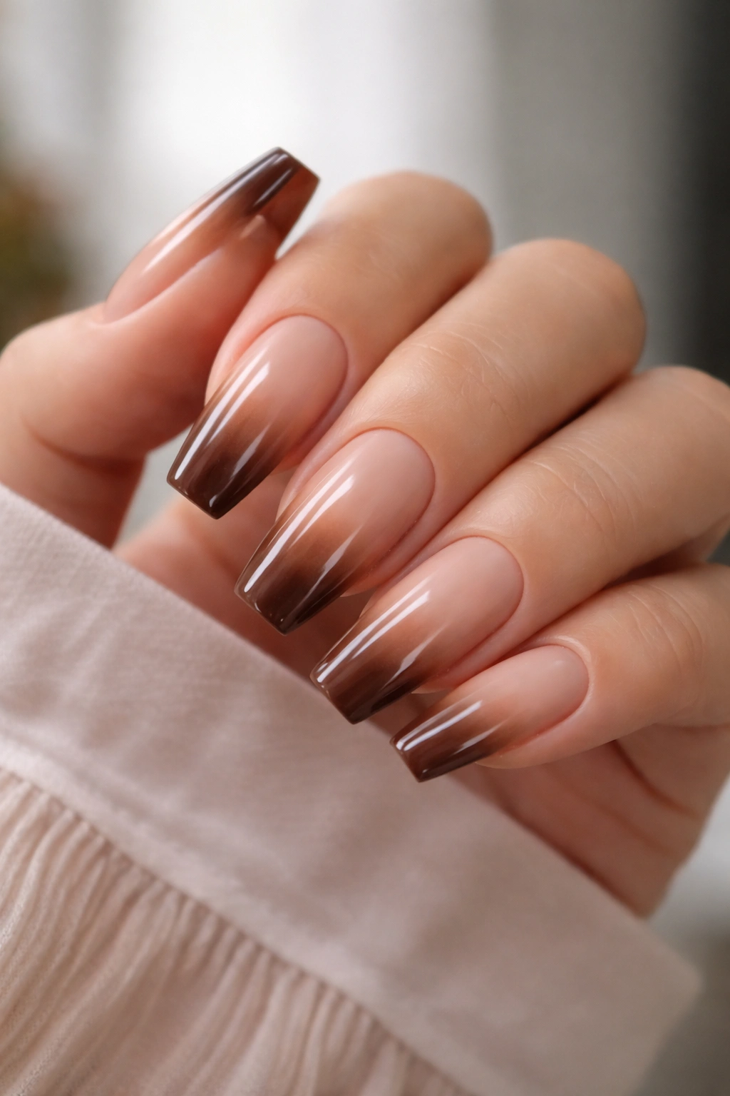 Espresso brown-tipped coffin nails with a soft fade on nude base