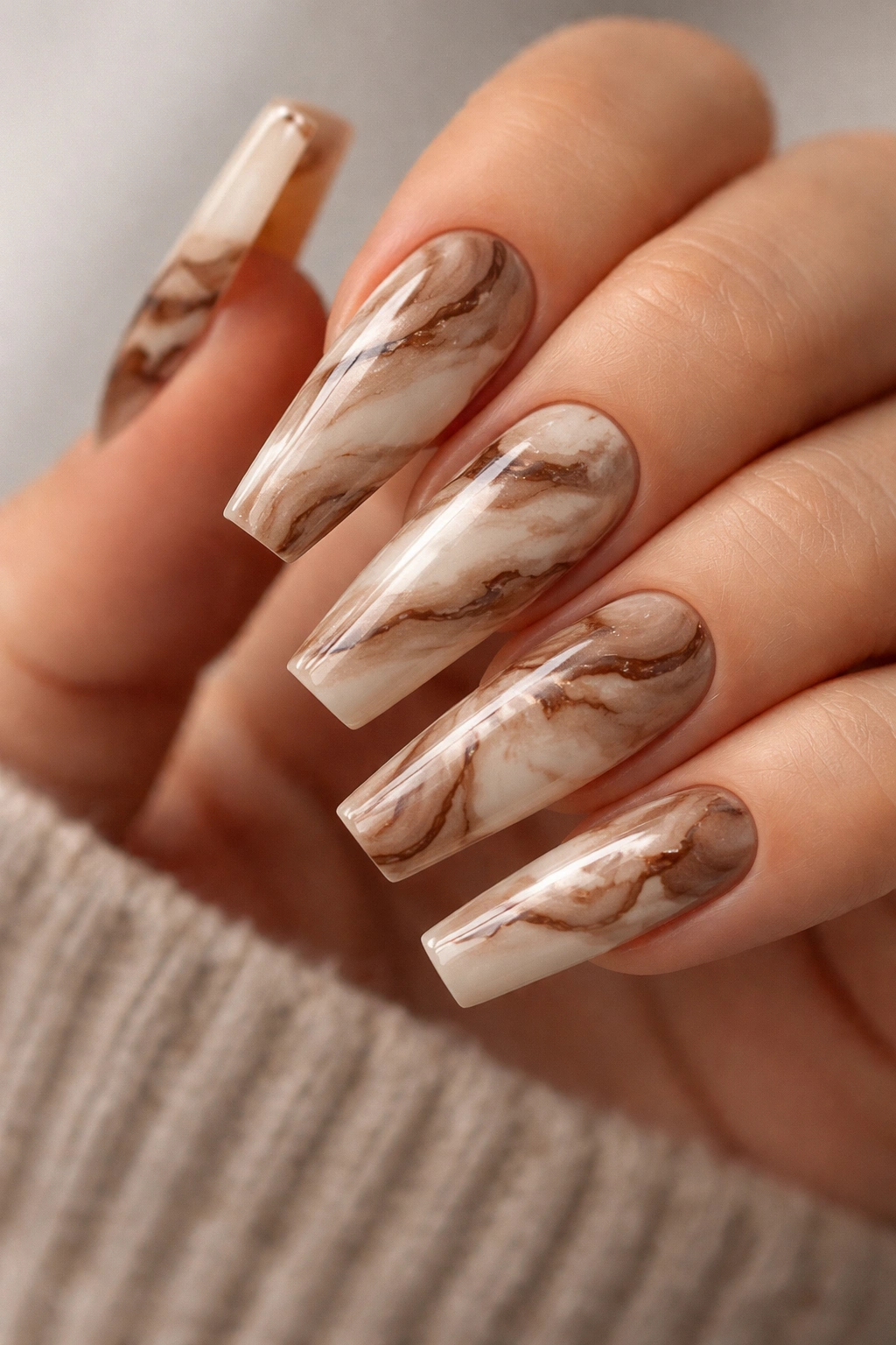 Espresso marble coffin nails with warm cream and brown veining