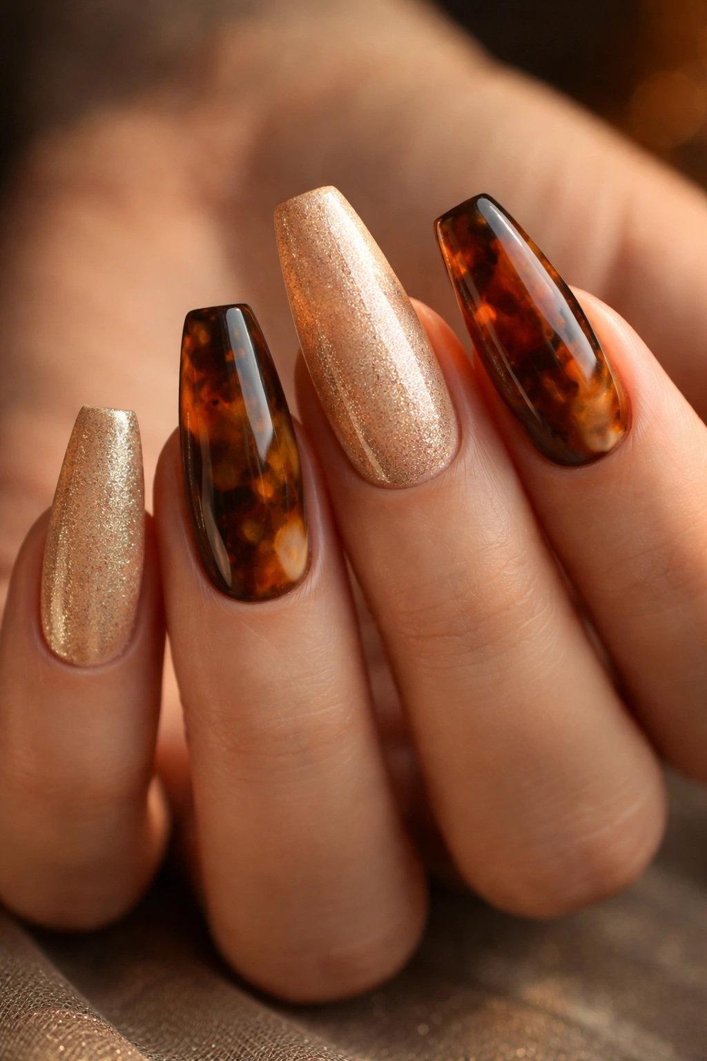 Close-up of espresso tortoiseshell coffin nails with amber and espresso patches