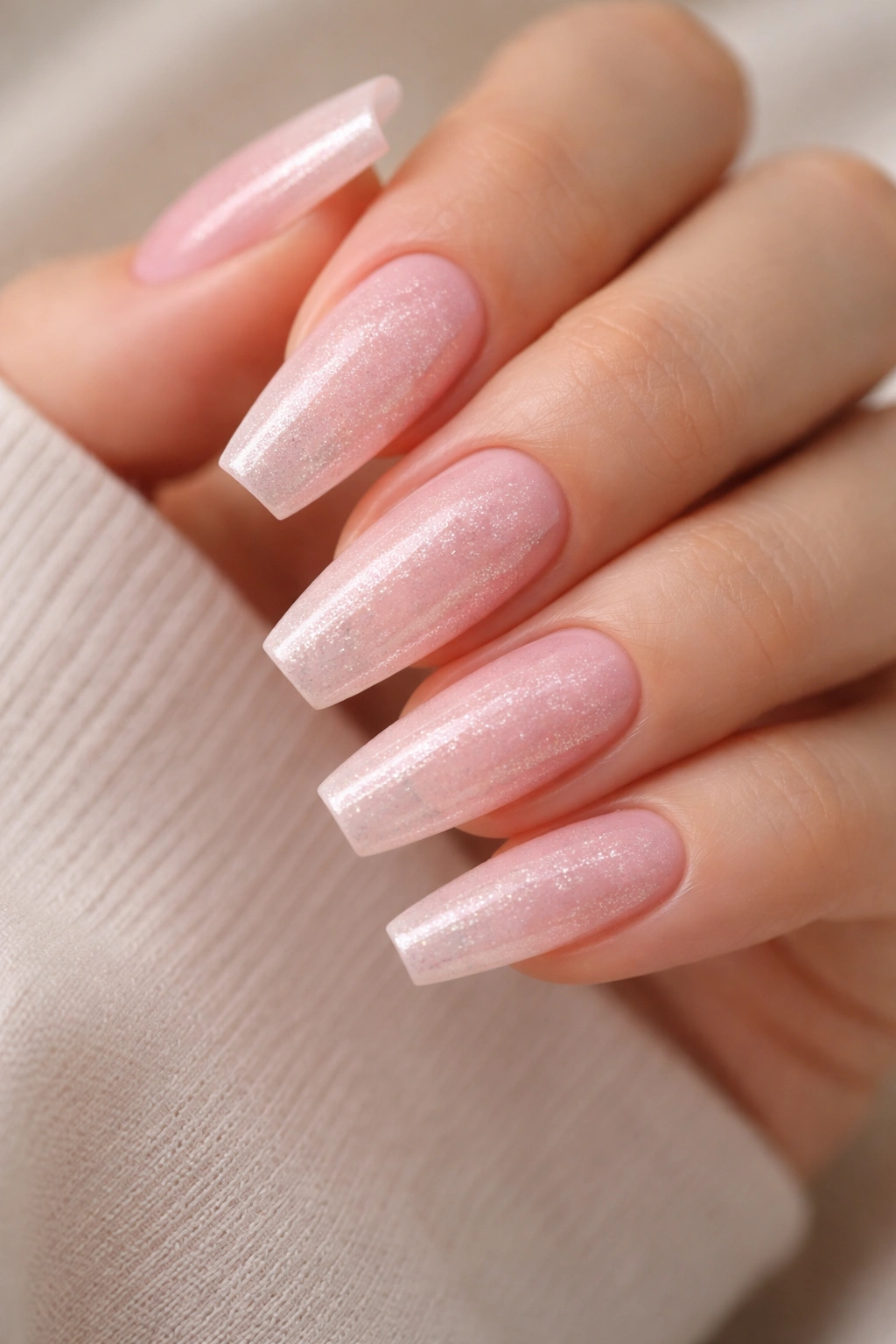 Close-up of fine glitter pink veil coffin nails