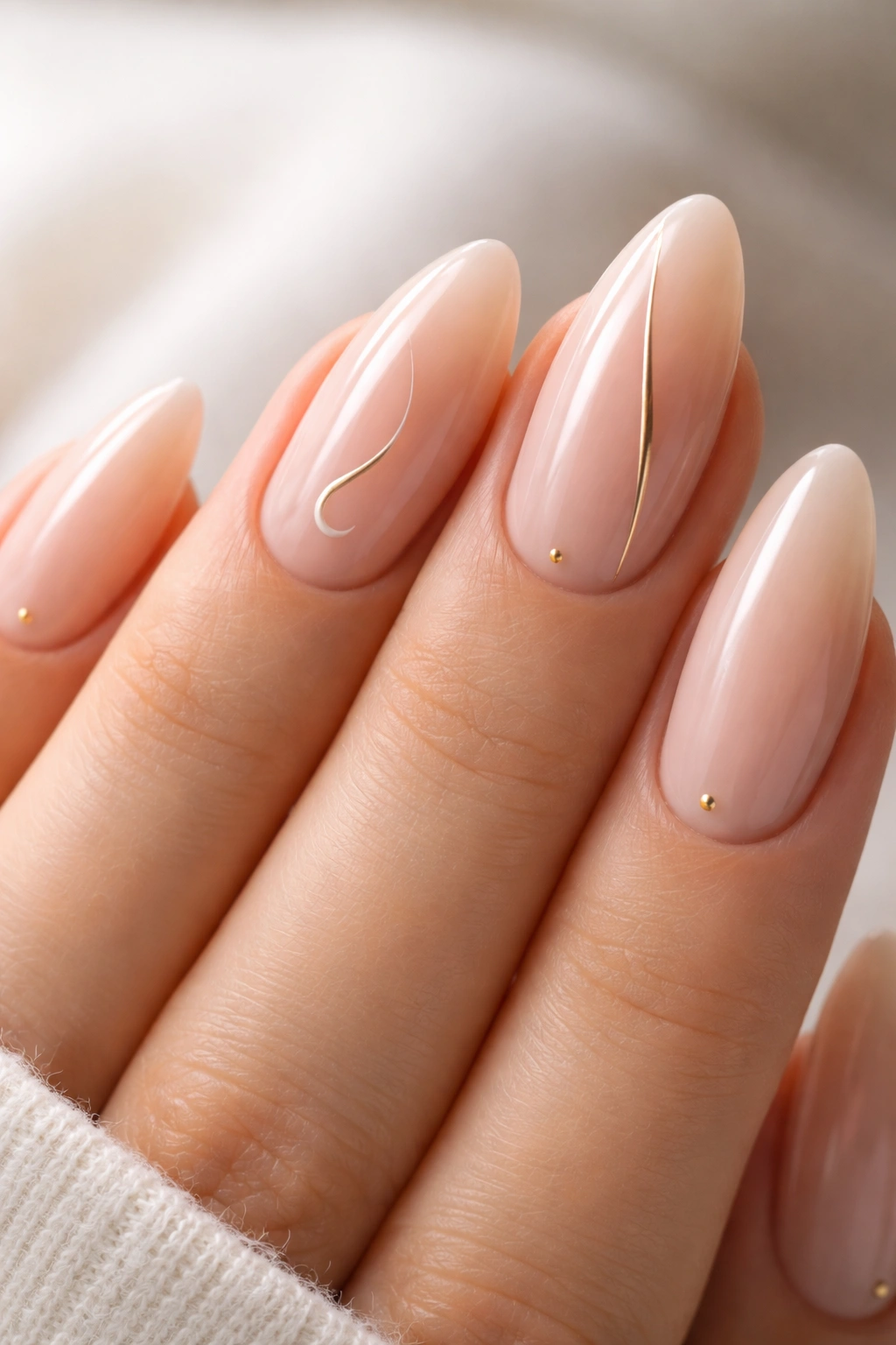 Close-up of almond nails with nude builder gel showcasing delicate fine line art on the ring finger