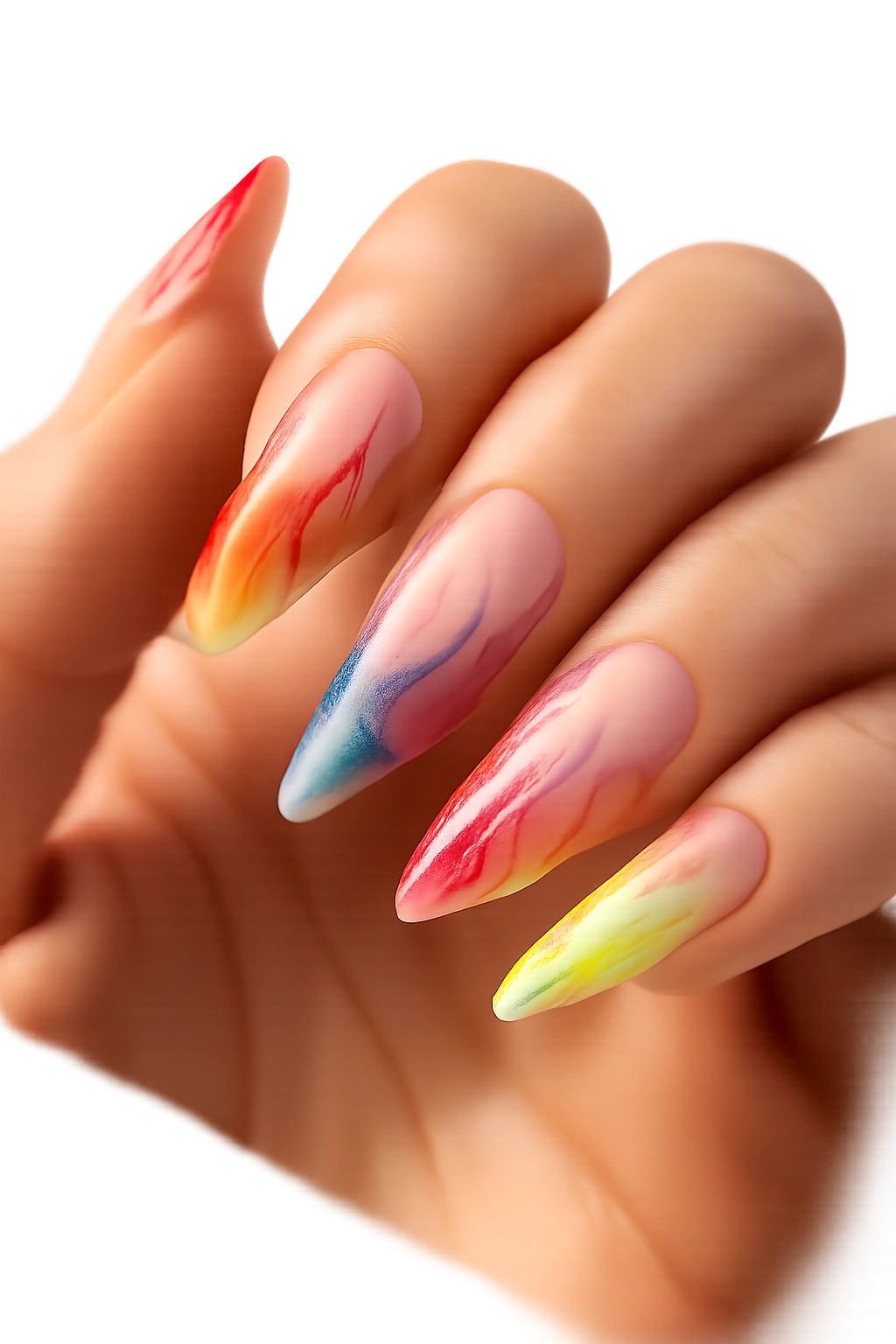 Close-up of ballerina nails with multicolor flame tips on a clear base