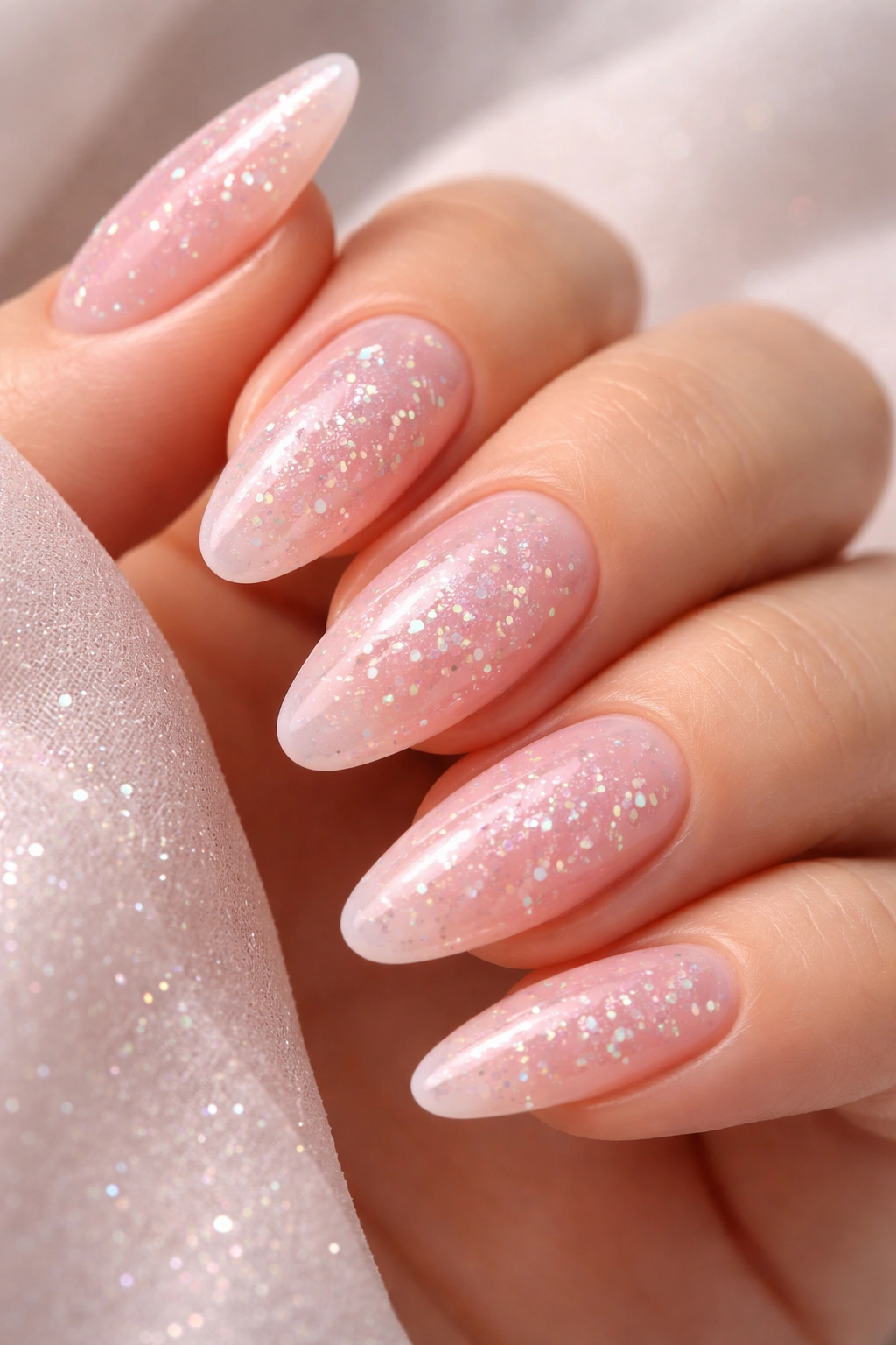 Milky pink almond nail with floating glitter inside the polish