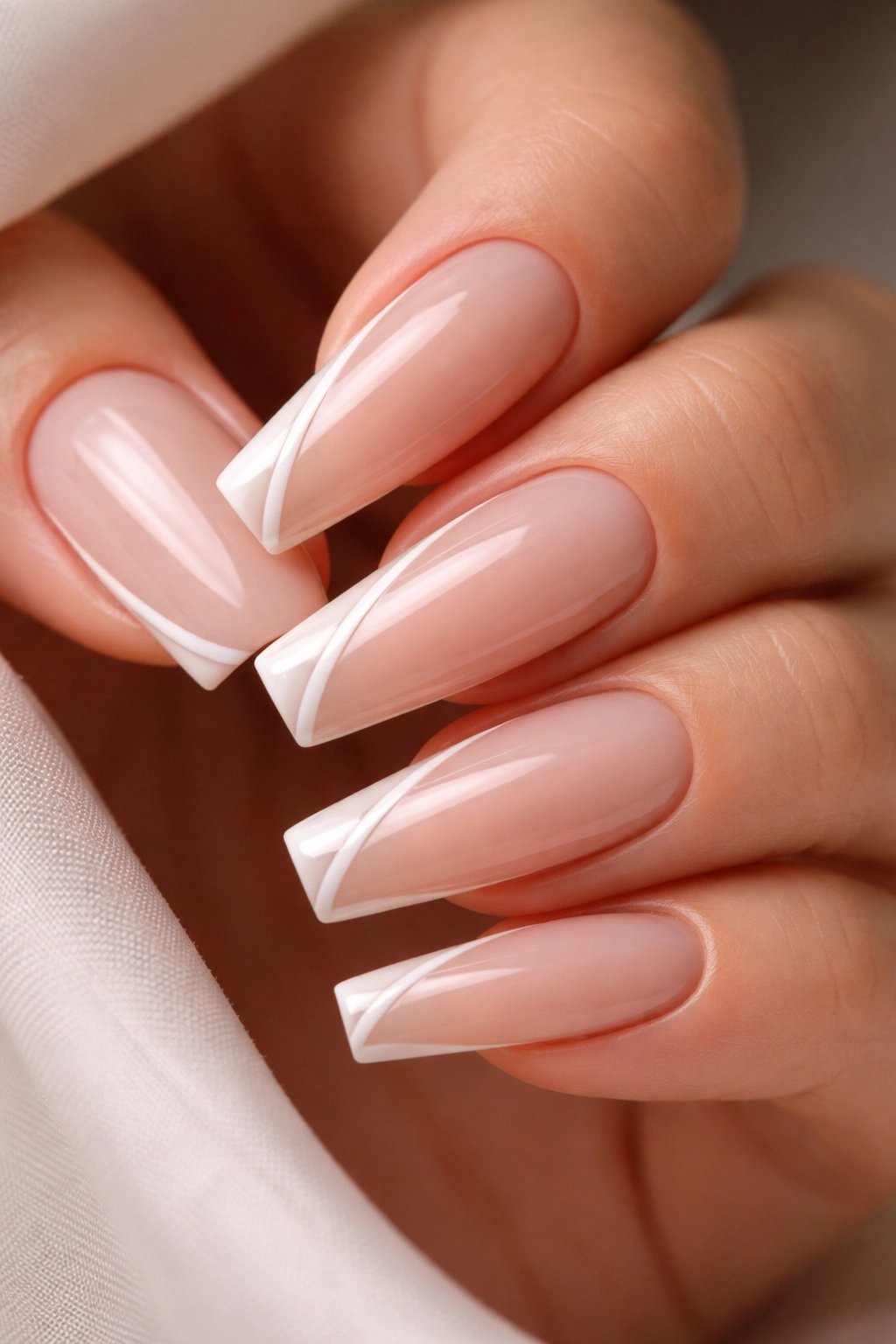 Coffin nails with floating side French design on nude base