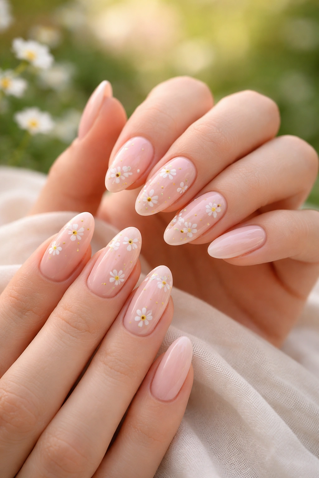 Close-up of floral almond nails with tiny white daisies on a soft pink base.