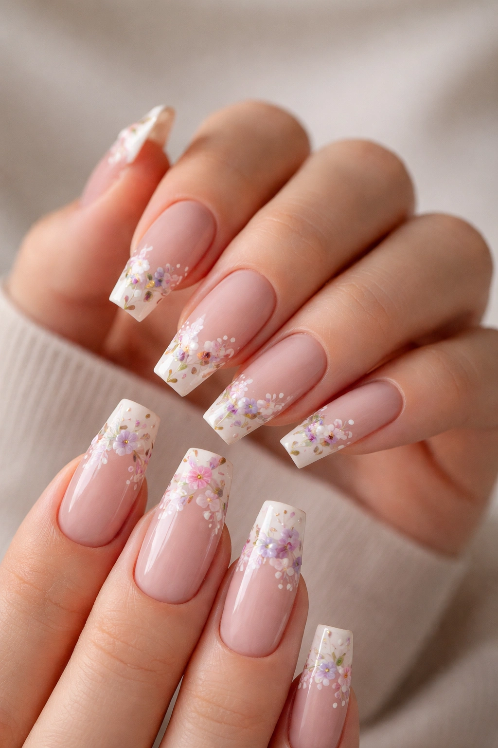 Close-up of floral coffin nails with edge blooms and negative space