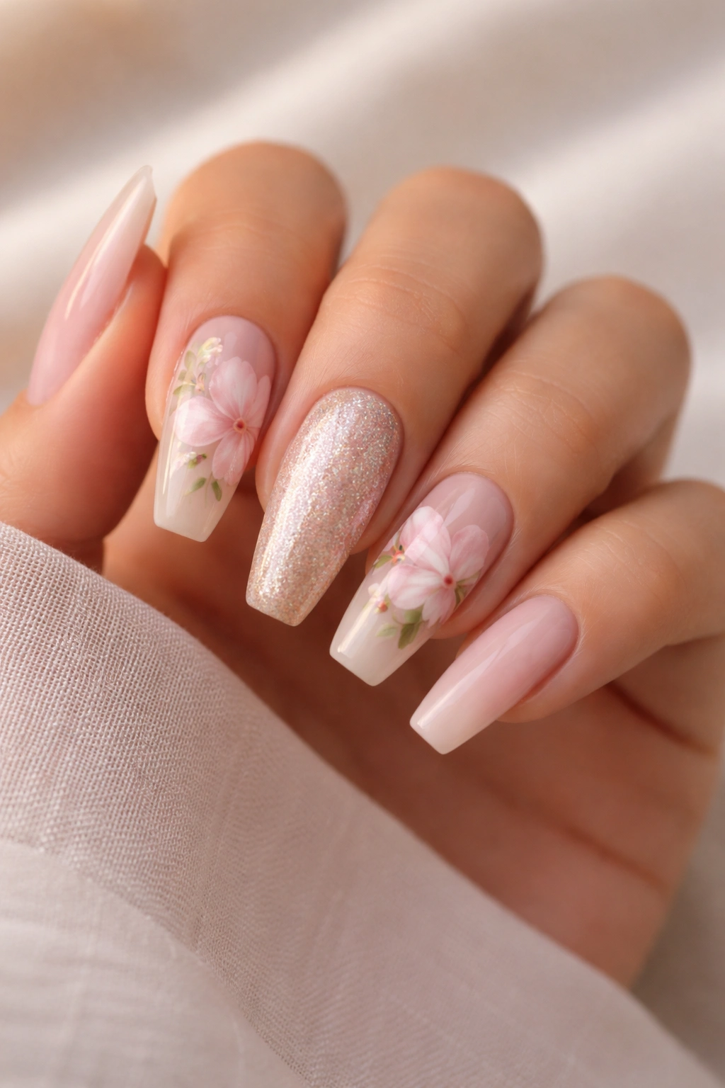 Hand displaying balanced floral coffin nail layout from thumb to pinky