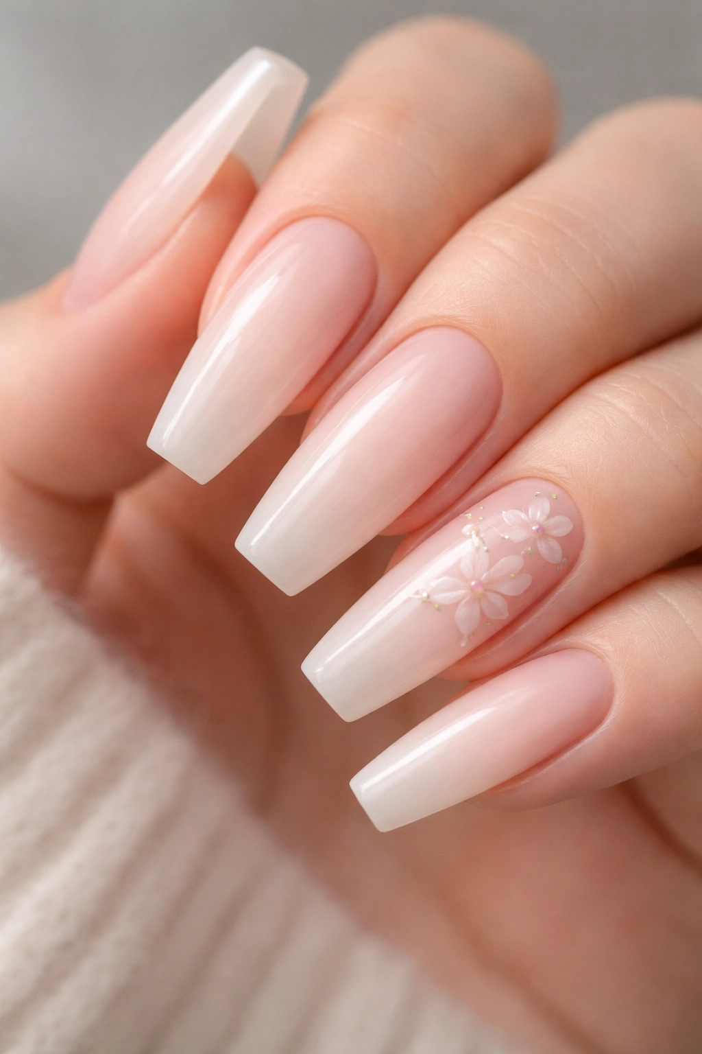 Close-up of bubble bath coffin nails with tonal floral details on accent nails.