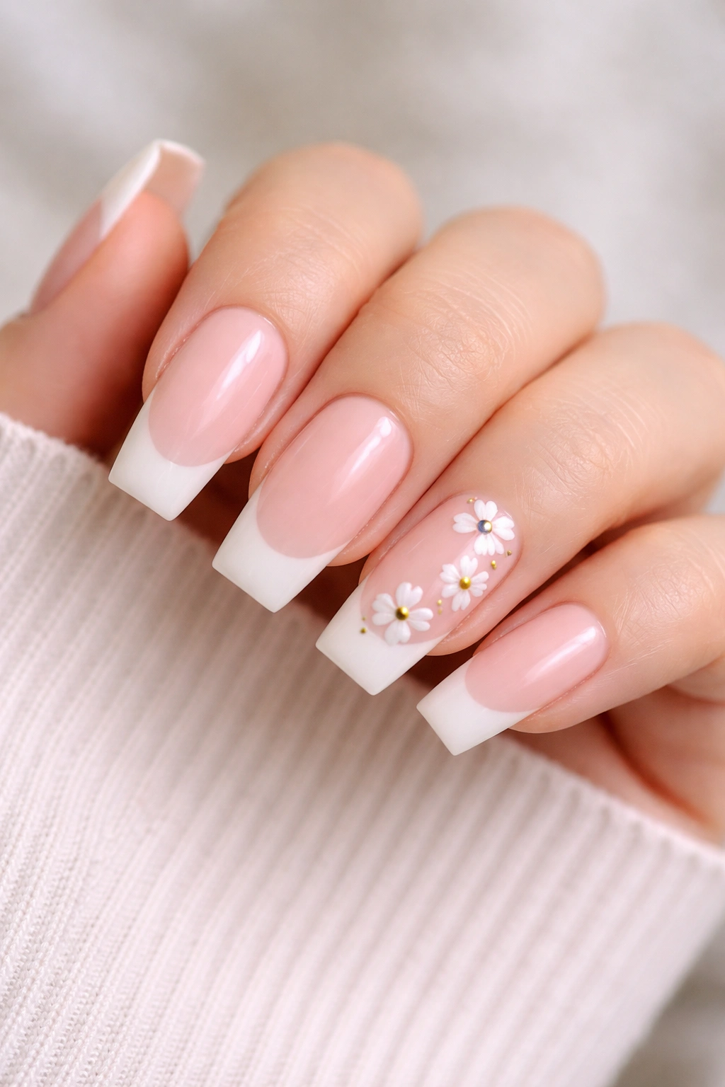 Nails with light pink base, white tips, and tiny daisies on accent nails