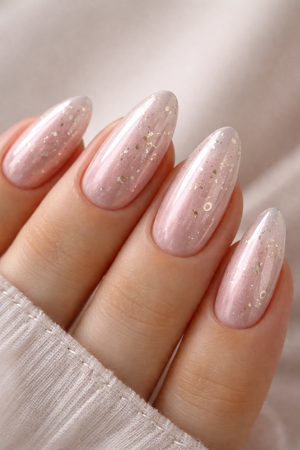 Almond nail with pink chrome and tiny foil flecks visible through finish.
