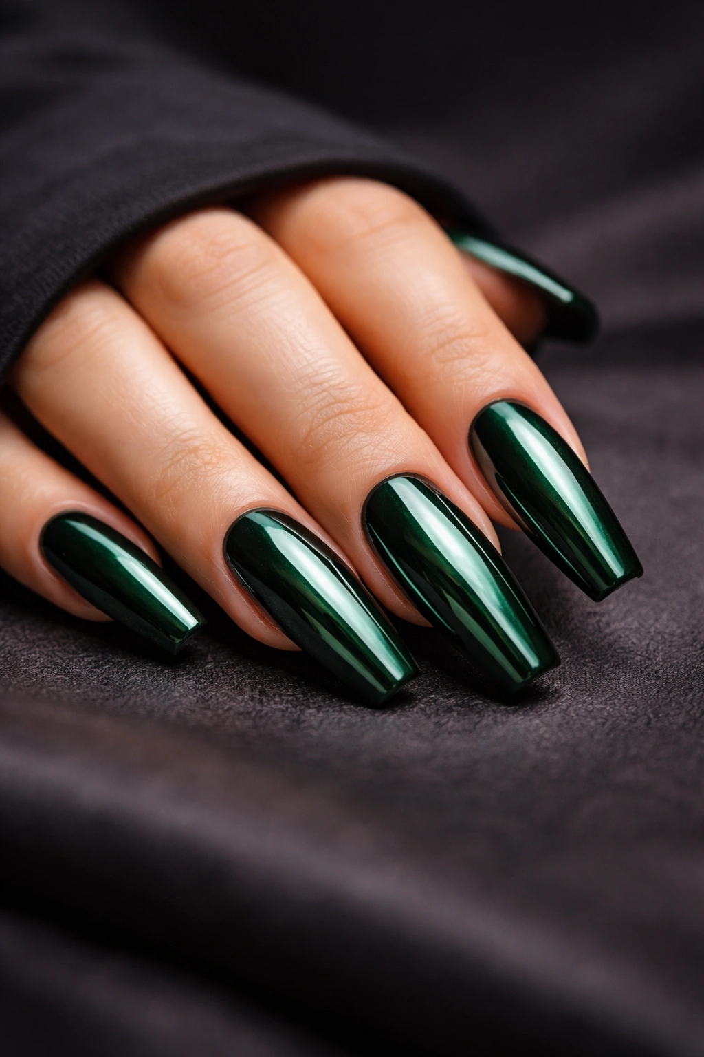 Close-up of deep forest green chrome coffin nails with a mirror finish