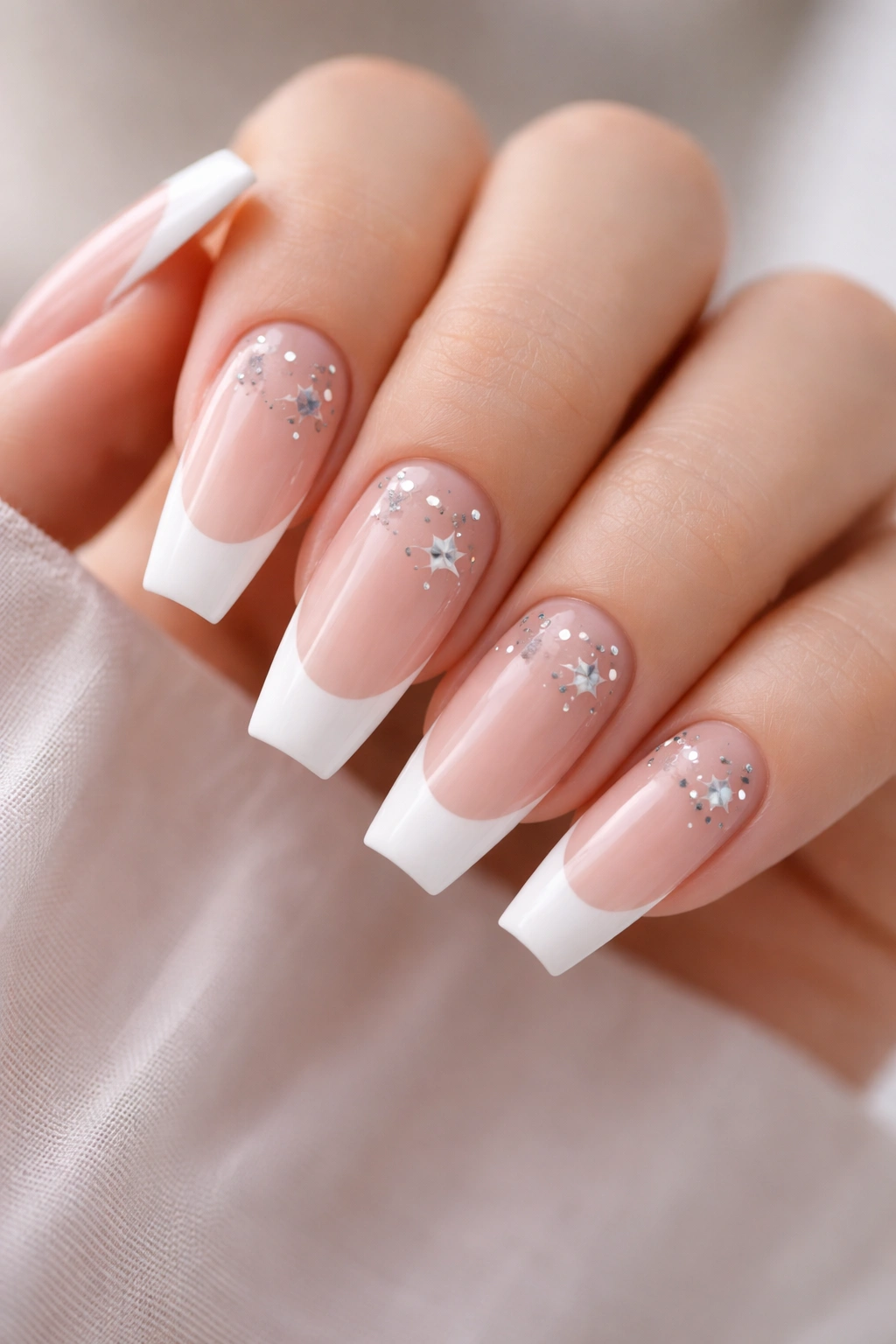 Close-up of French coffin nails with floating silver stars over a nude base