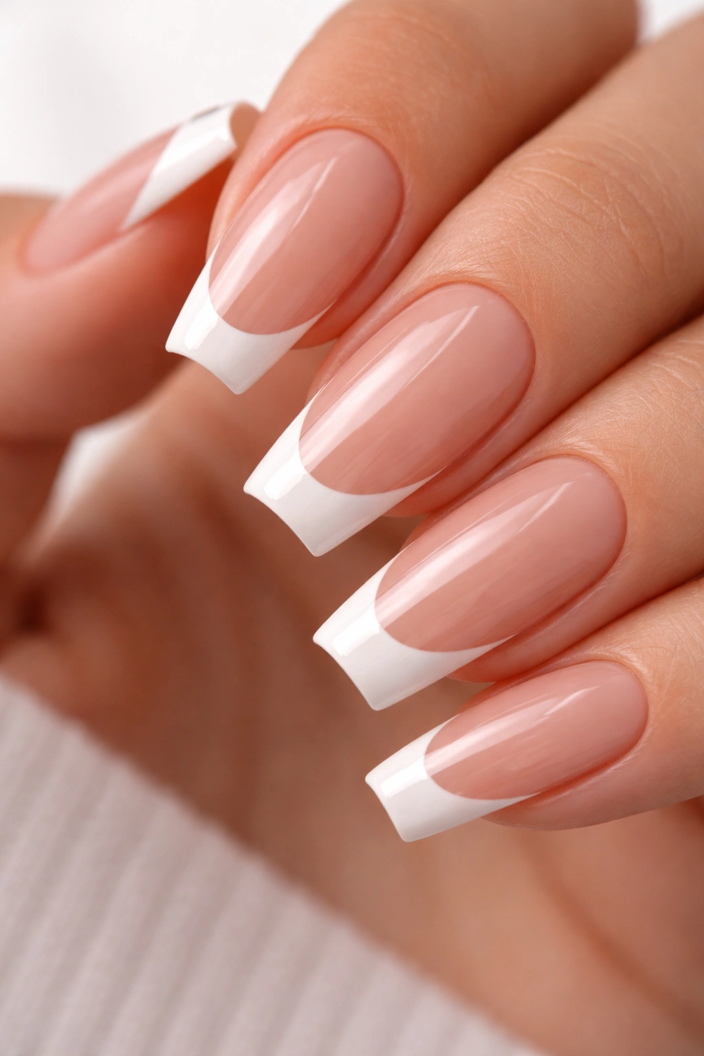Close-up of nails showing a thin smile line over a nude base on medium coffin nails