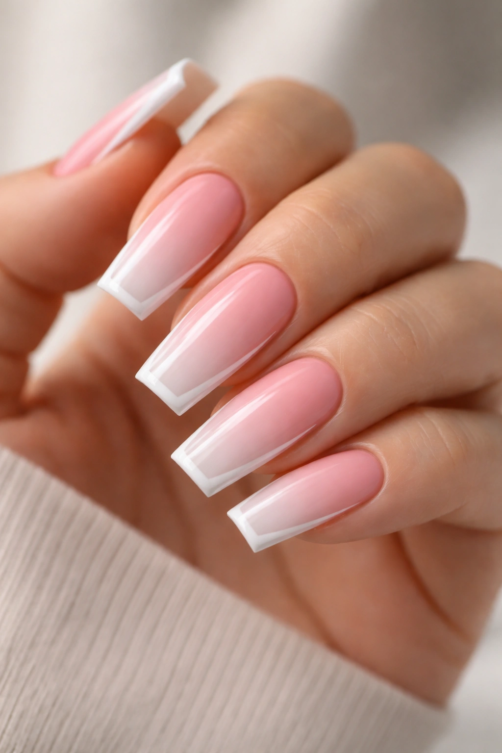 Close-up of coffin nails with pink-to-white ombre and a thin white border