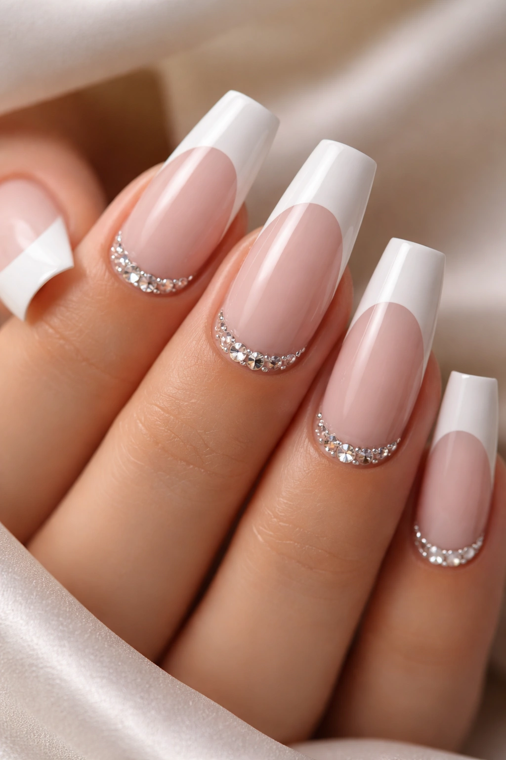 Close-up of french tip coffin nails with crystal accents near the cuticle