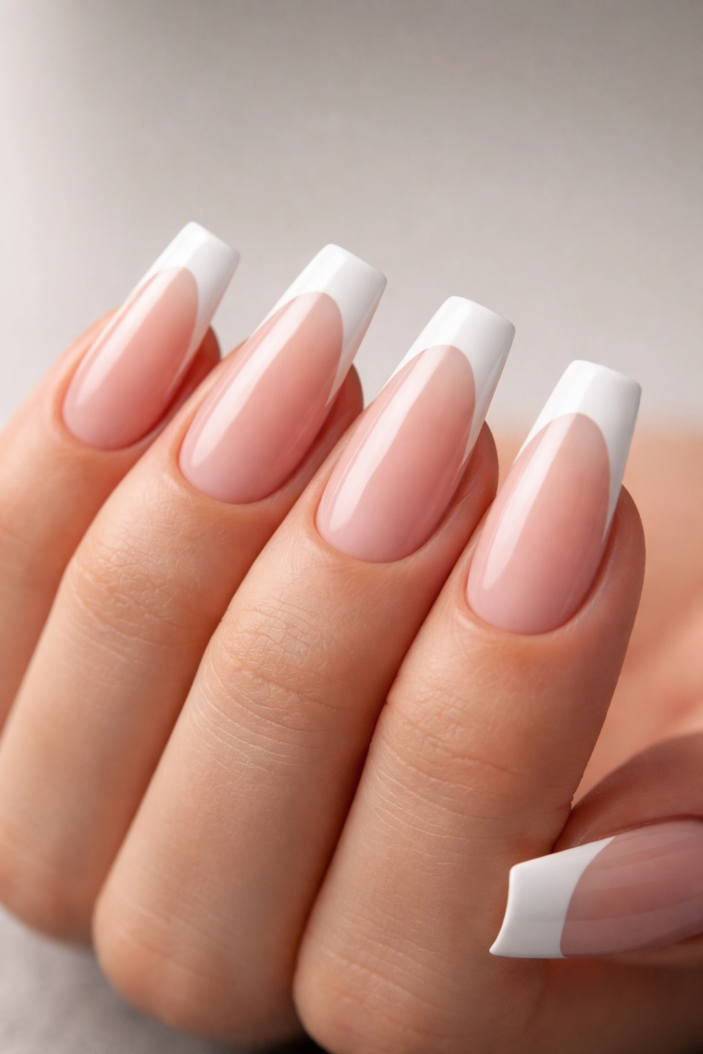 Close-up of medium-length coffin nails with a crisp white French tip on a sheer pink base