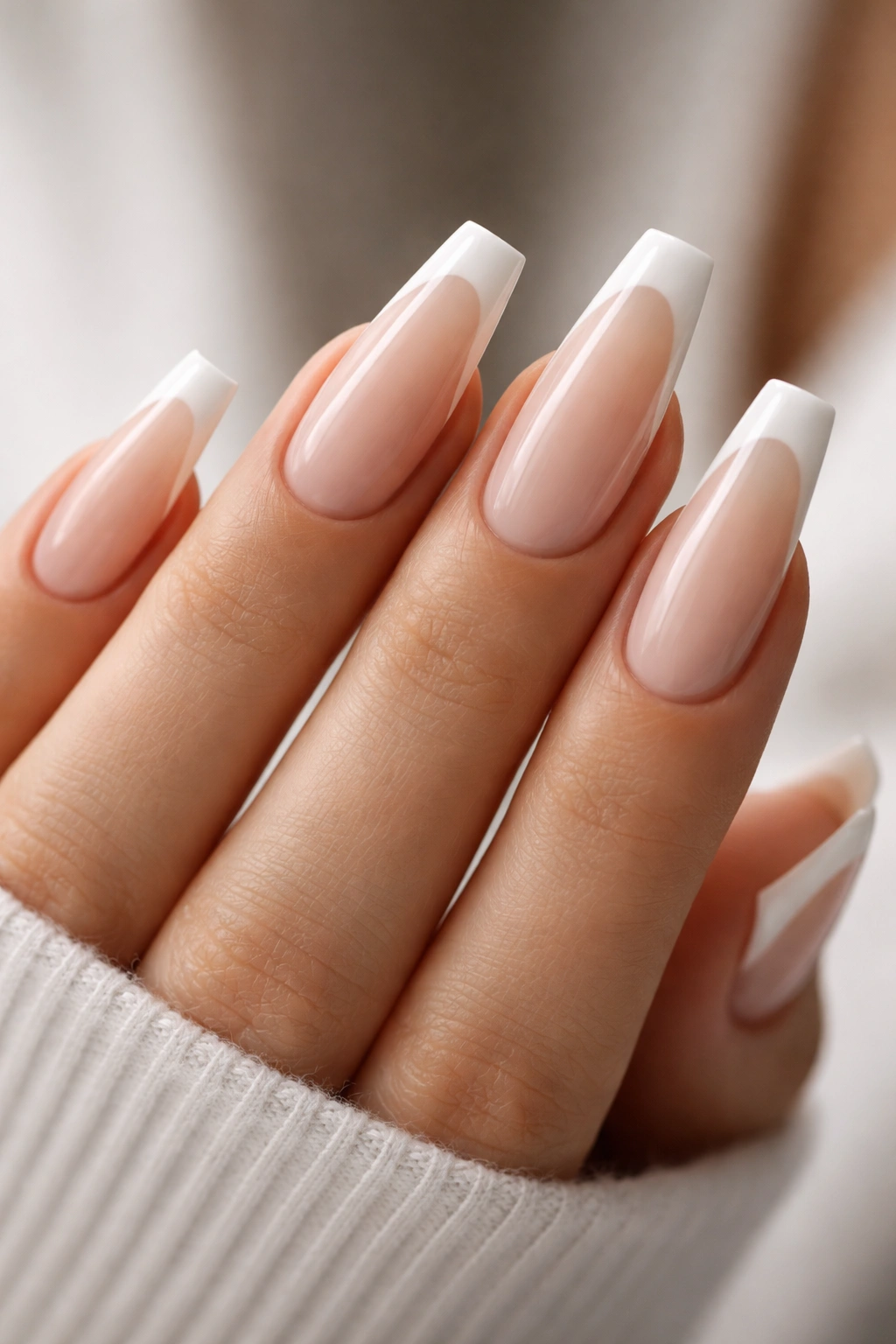 Close-up of modern French tip coffin nails with slim white tips on nude base