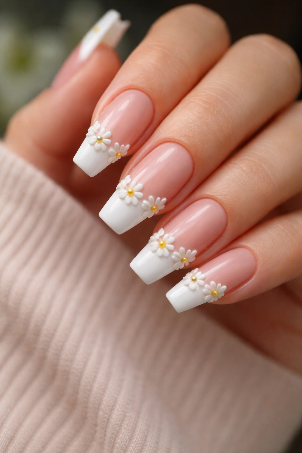 French tip coffin nails with tiny white daisies near the smile line