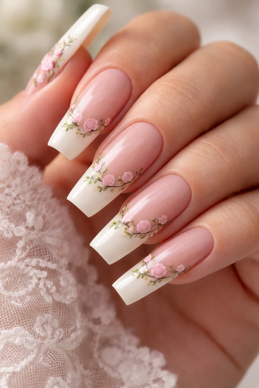 French tip coffin nails with climbing rose vines close-up