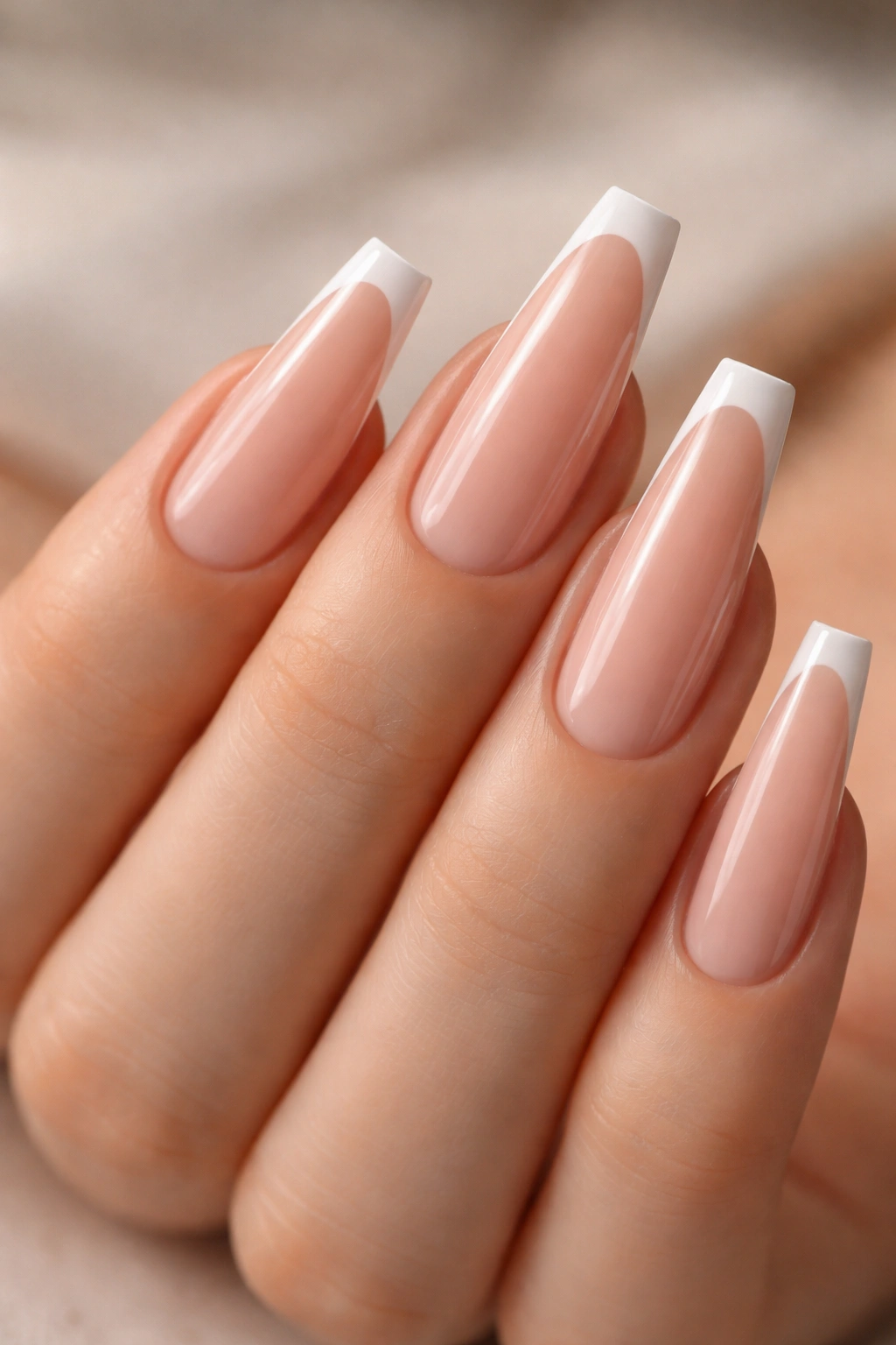 Long coffin nails with ultra-thin French tips on nude base