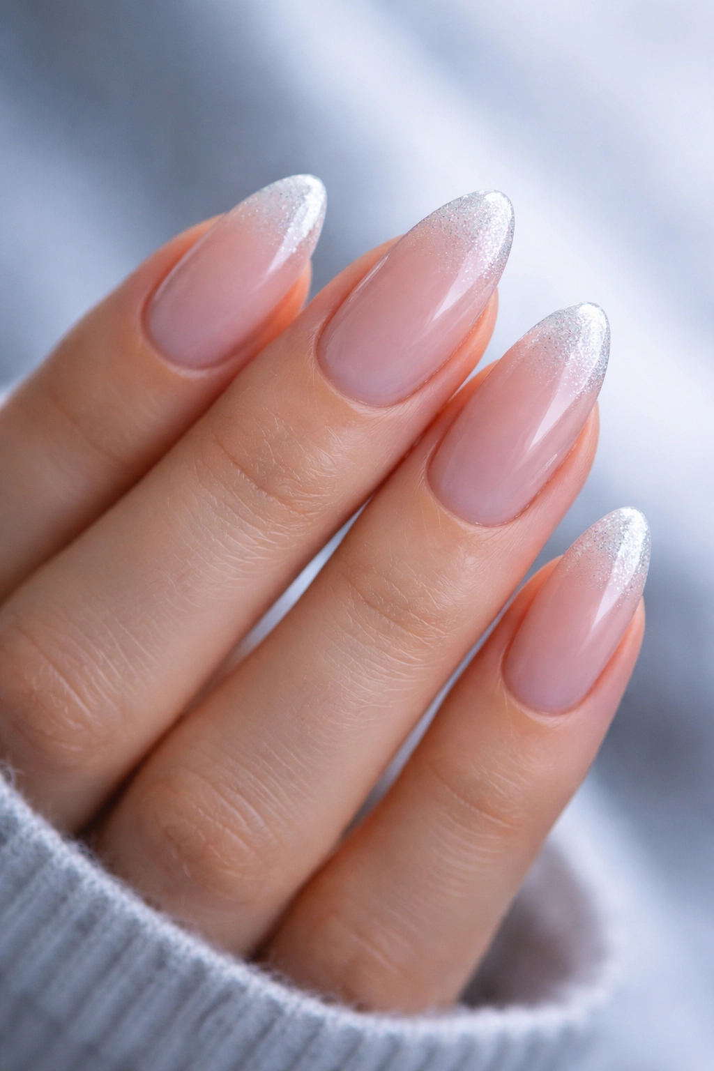Close-up of almond nails with frosted glitter at the edge