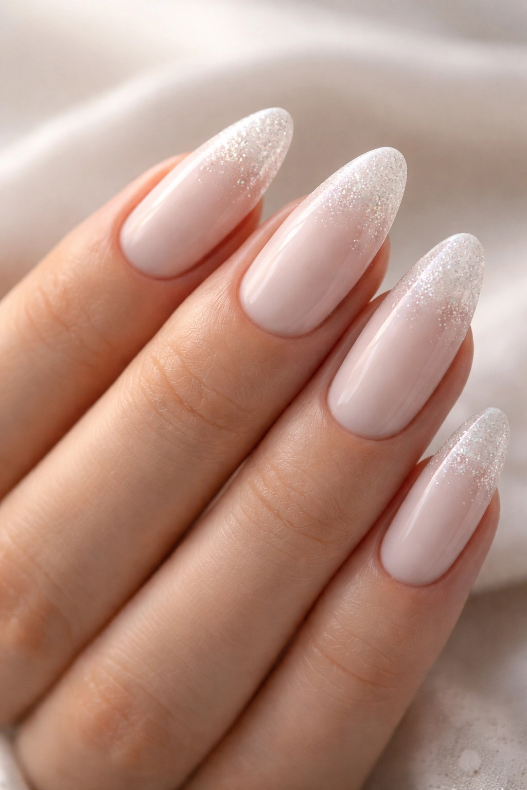 Close-up of long almond nails with frosted glitter at the tips on a milky white base