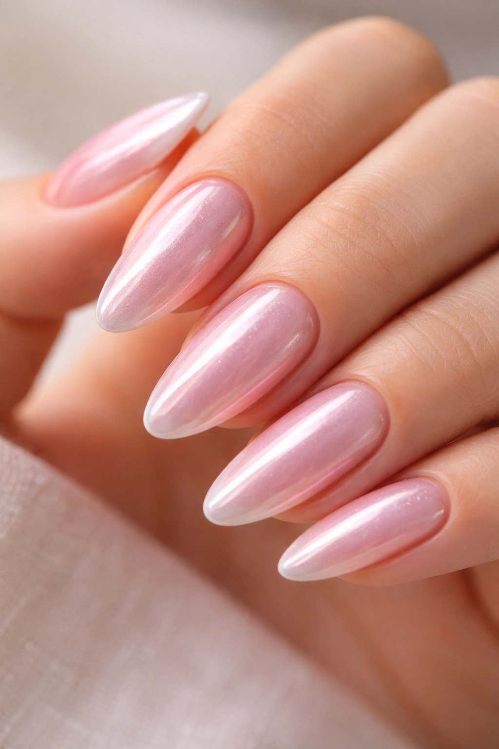 Close-up of almond nails with frosted pink chrome on a sheer base, Y2K candy-shell shimmer.