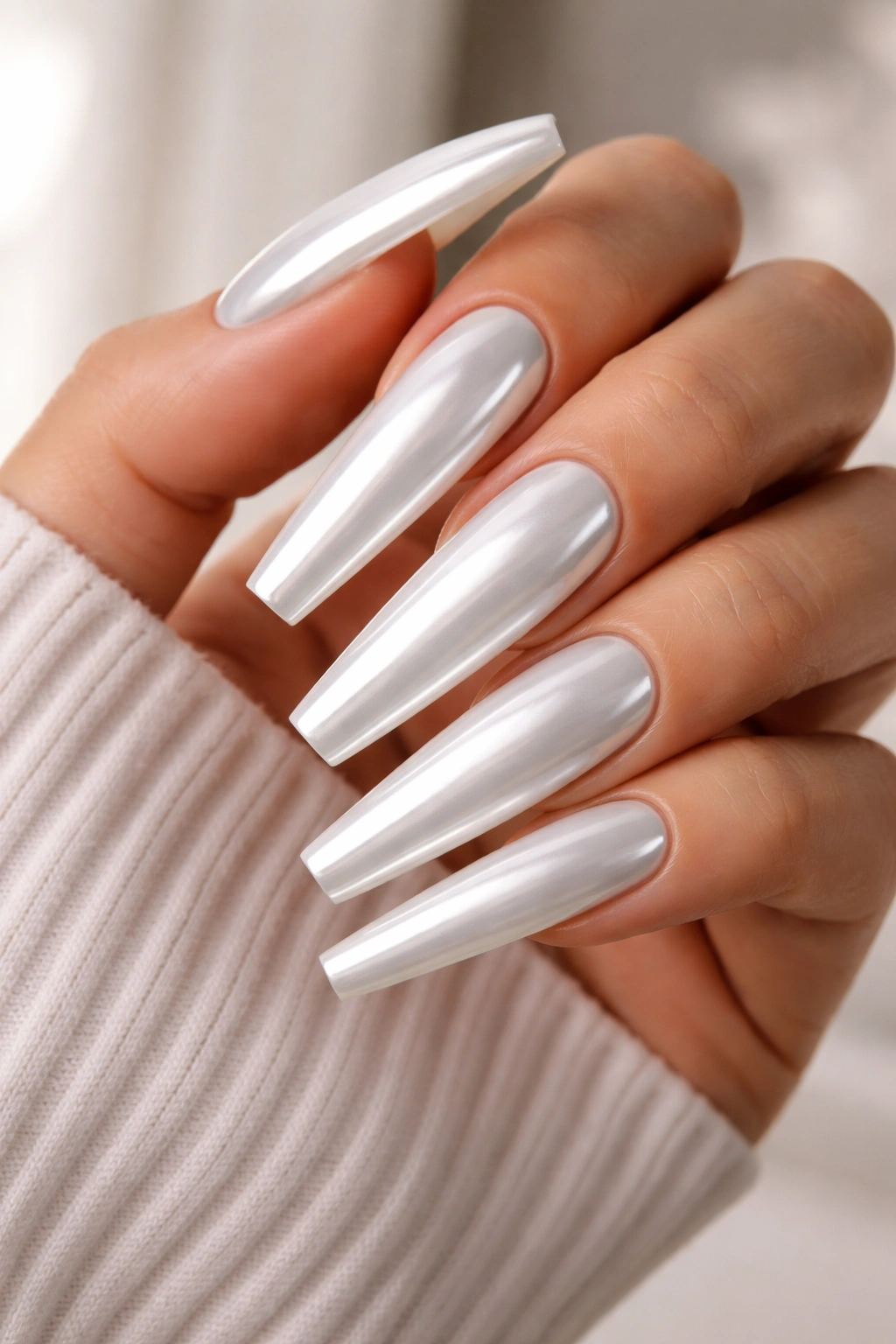 Full-length sculpted white chrome coffin nails