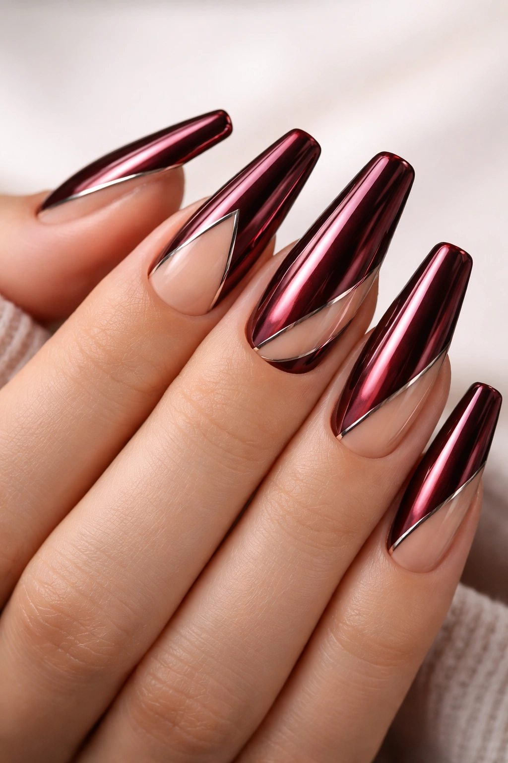 Close-up of deep garnet chrome coffin nails with negative-space cutouts