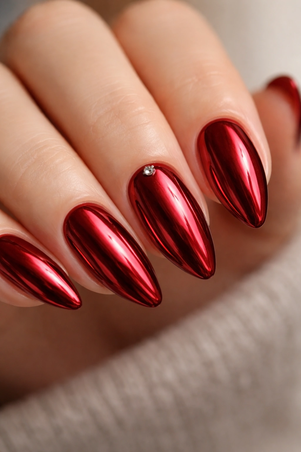 Almond nails with garnet red chrome and tiny rhinestones on an accent nail