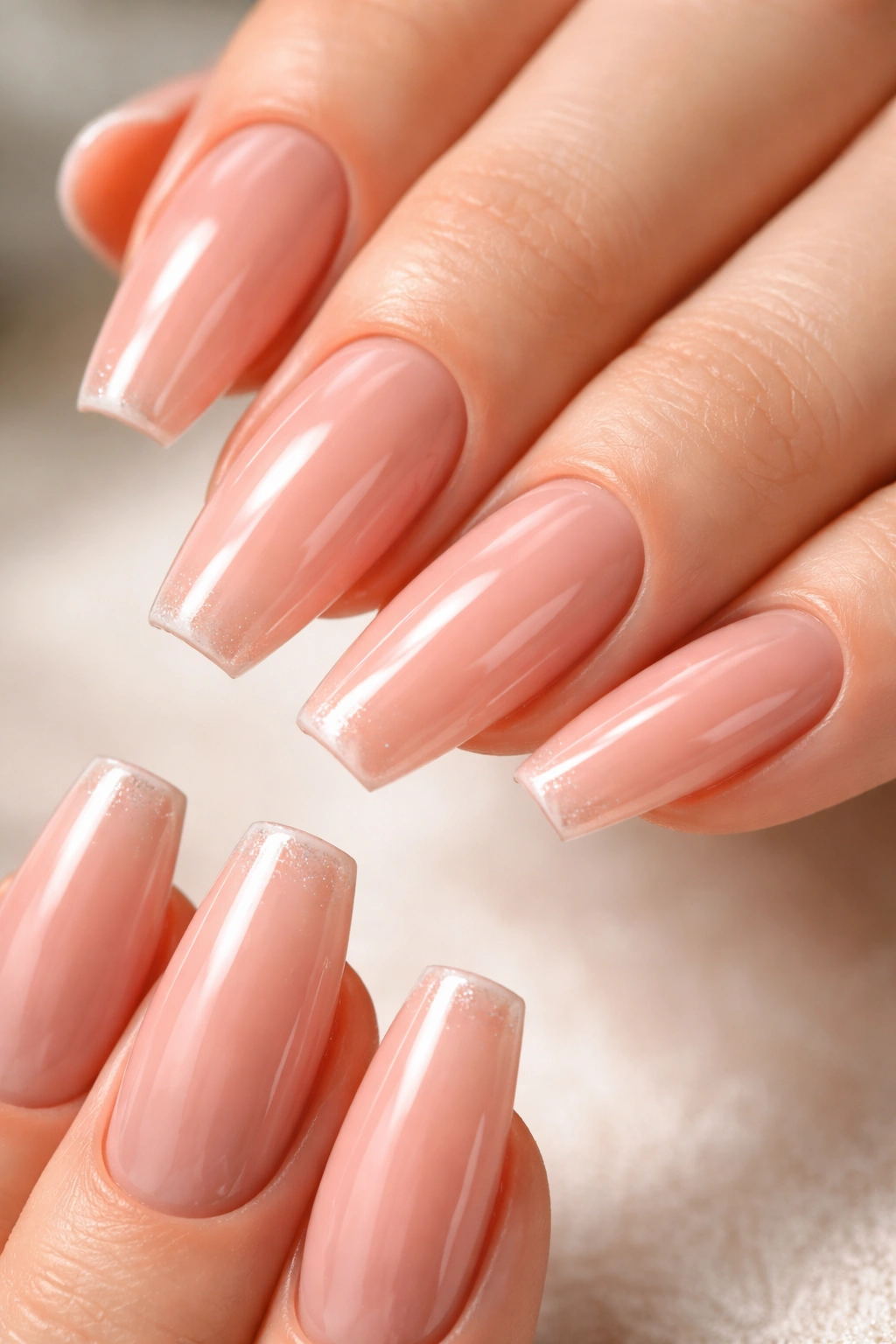 Close-up of nails with sealed tip and glossy top coat