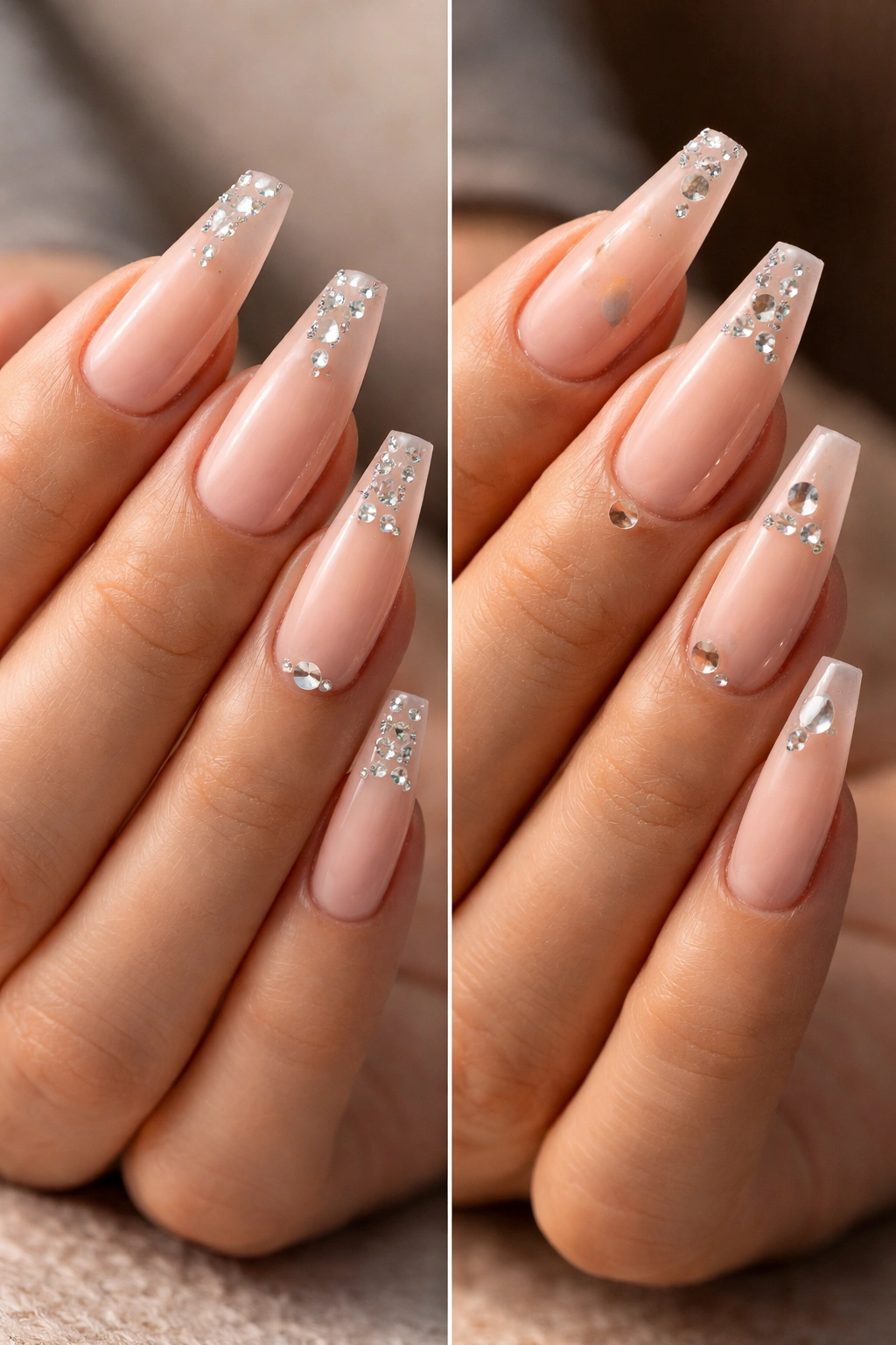 Close-up of gem coffin nails showing pristine stones vs missing stones on two hands