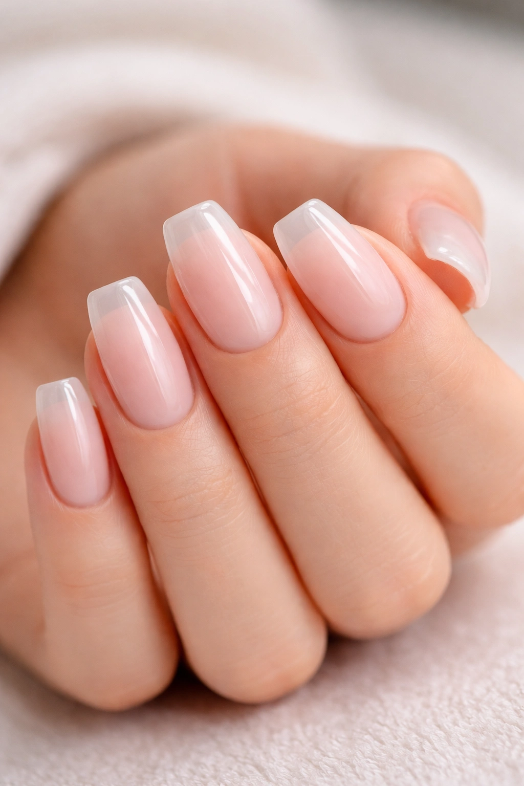 Close-up of short coffin bubble bath nails with glassy translucent tips.