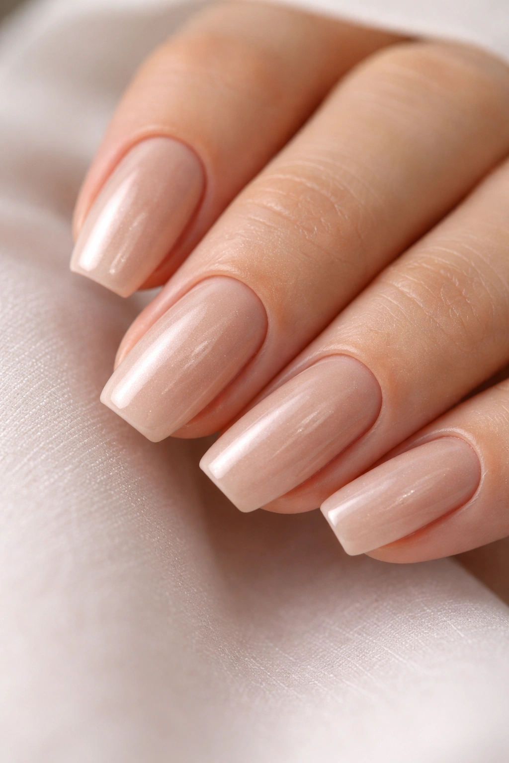 Close-up of short coffin nails with beige base and pearl chrome glaze