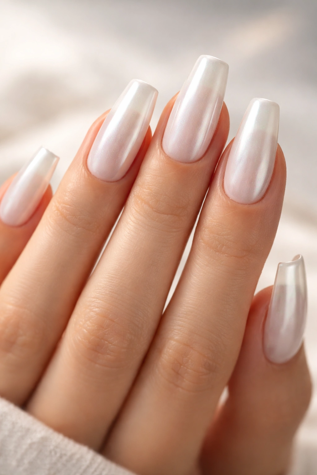 Close-up of sheer milky nails with glazed white chrome on coffin nails