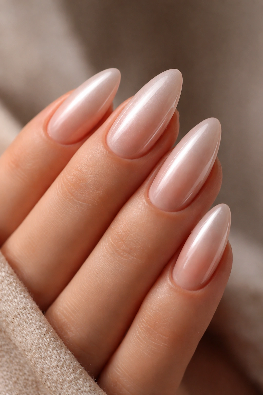 Glazed nude almond nails with pearlescent glaze; close-up