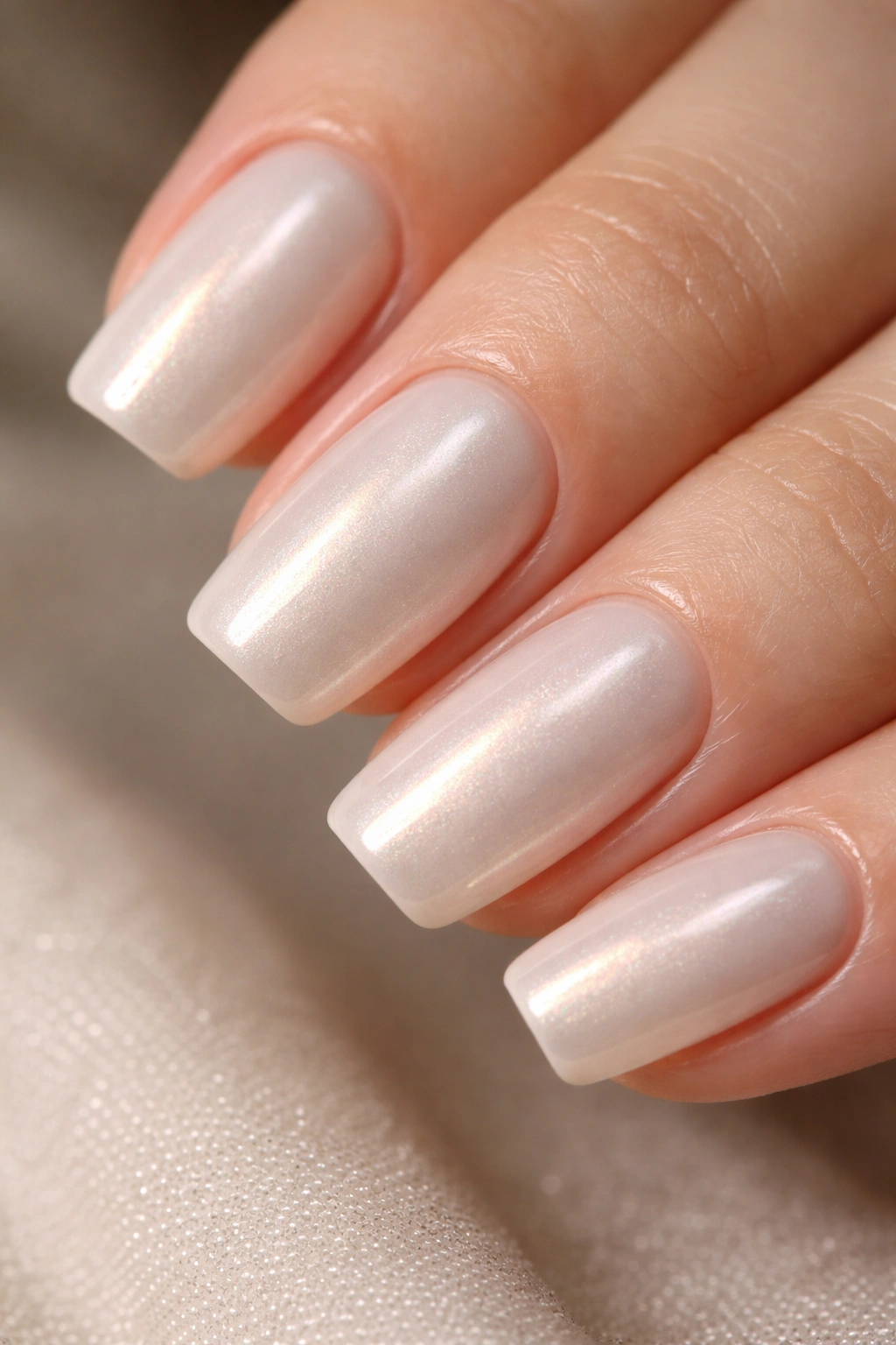 Close-up of a short coffin nail with cream base and pearlescent glaze