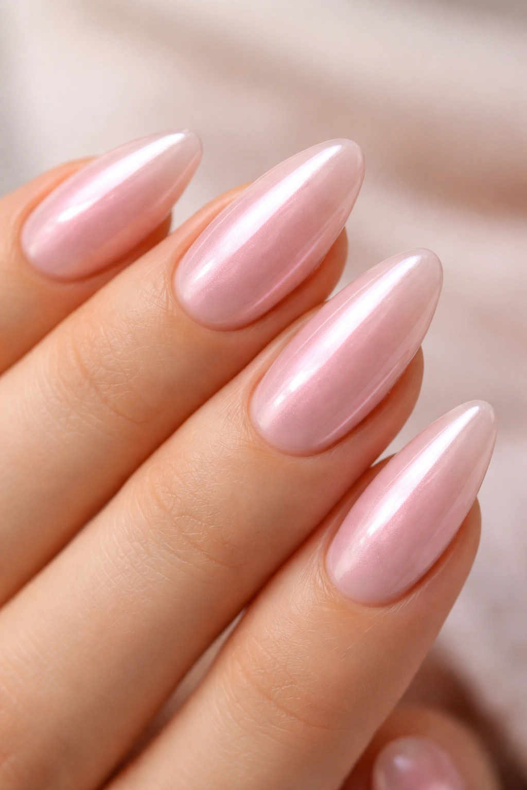 Close-up almond nails with milky pink and glass-like chrome finish
