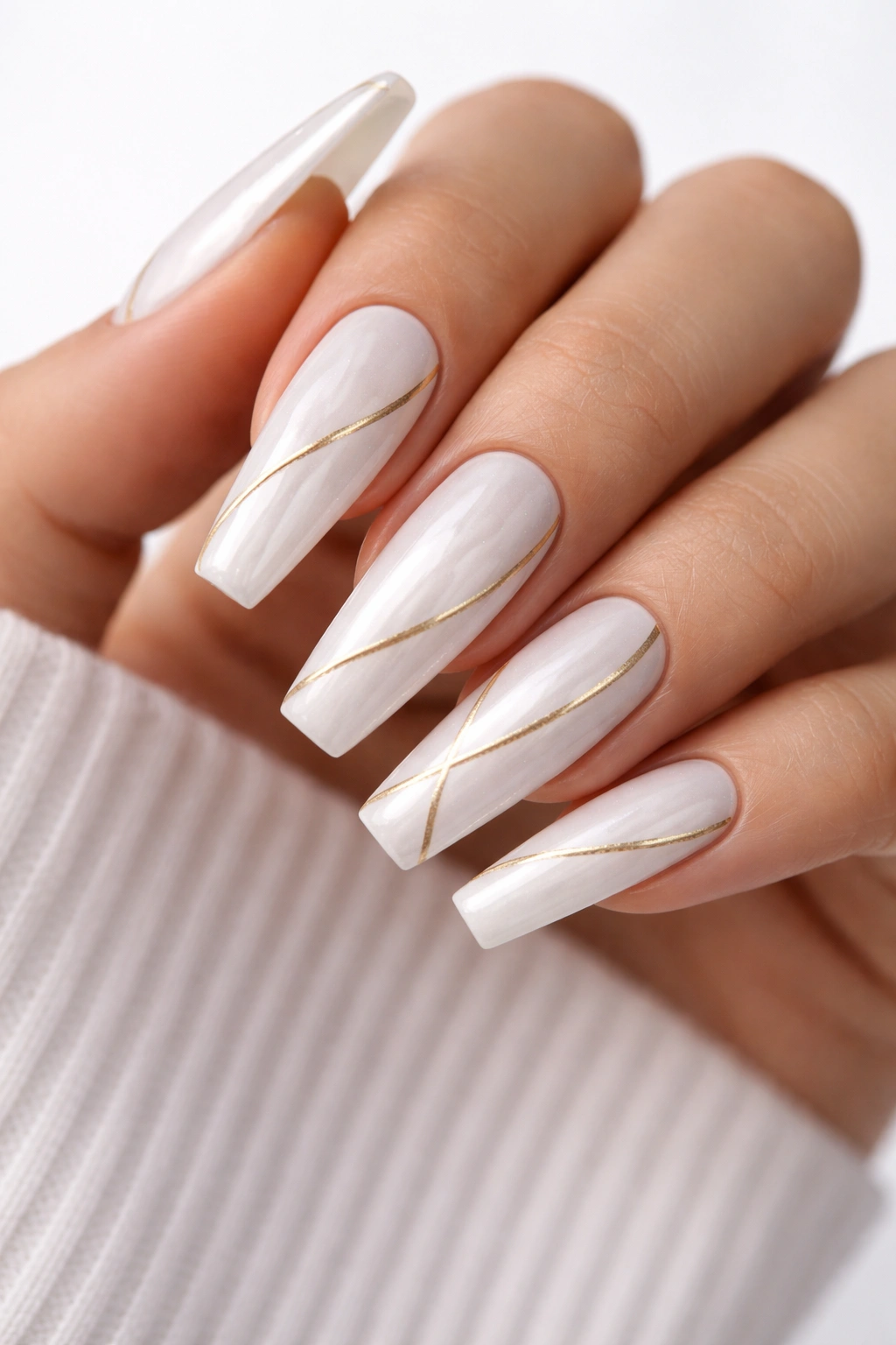 Glazed white coffin nails with pearl chrome and gold lines