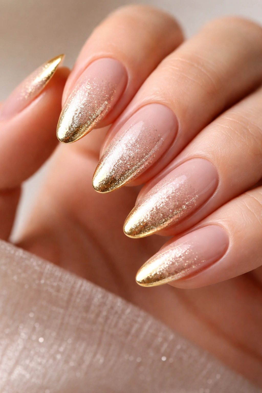 Almond nails with champagne glitter fade and gold tips on nude base