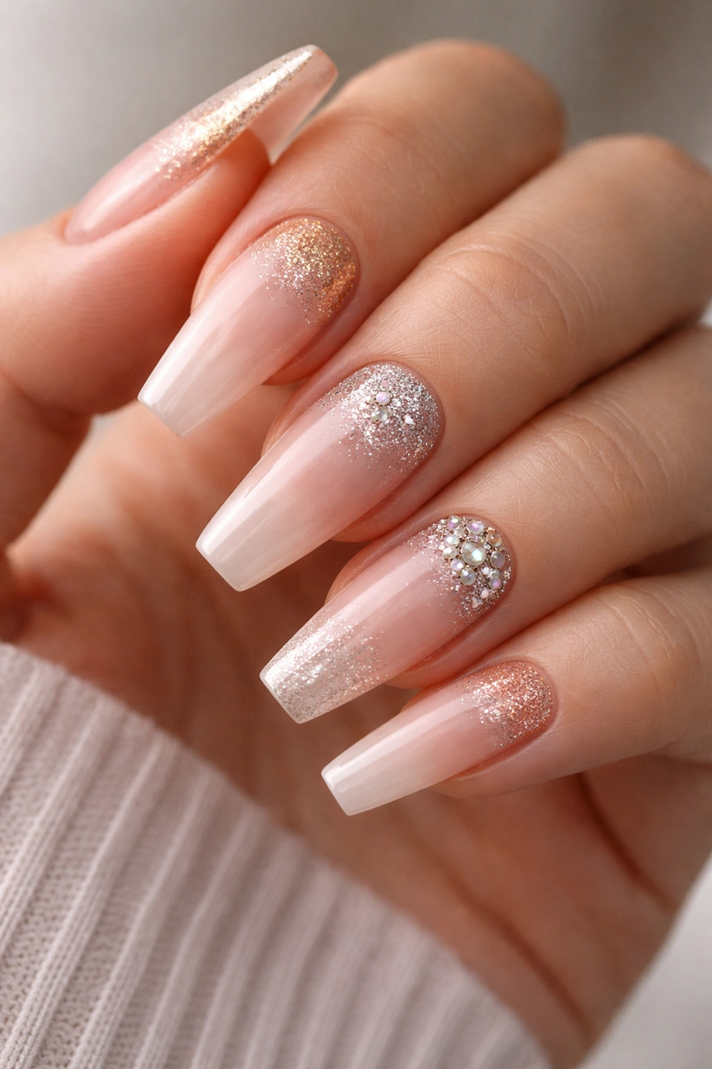 Close-up of coffin nails with a single focal glitter zone per nail in a clean design