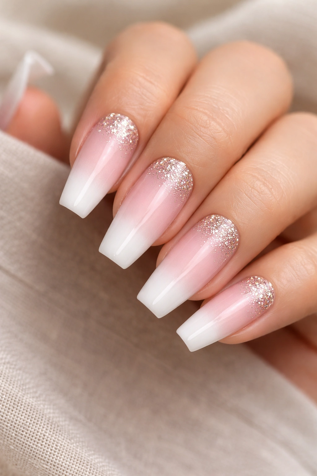 Close-up of pink-and-white ombre nails with glitter at the cuticle