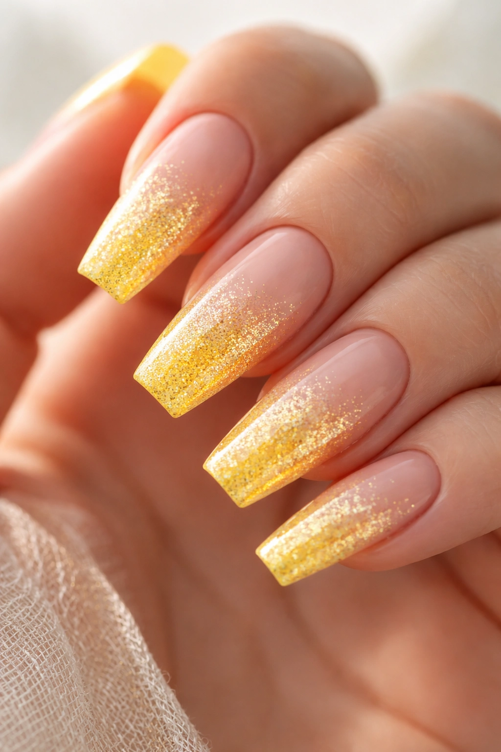 Coffin nails with yellow glitter fade from tip toward the middle