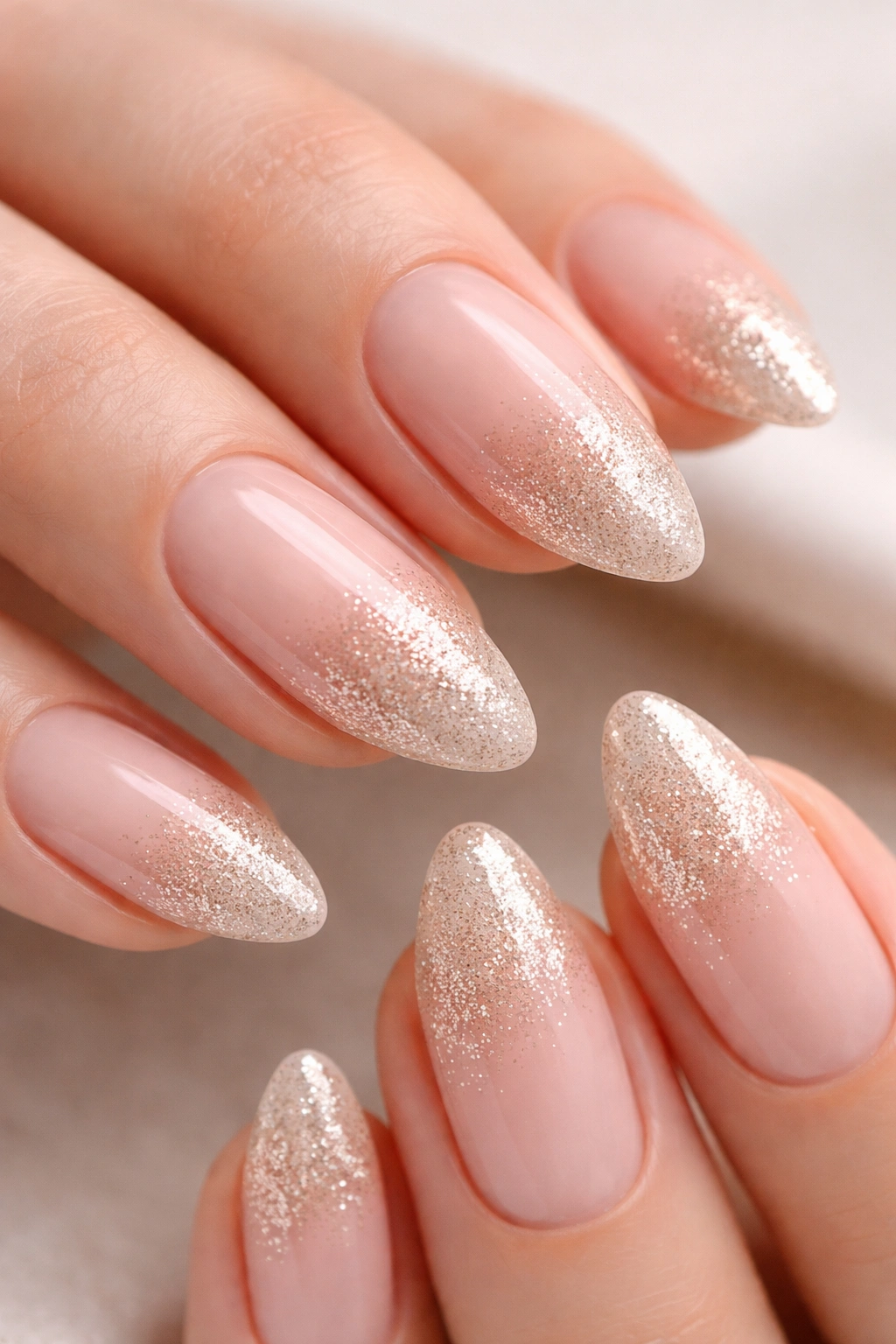 Almond nails with nude gel and fine champagne glitter fade at the tips