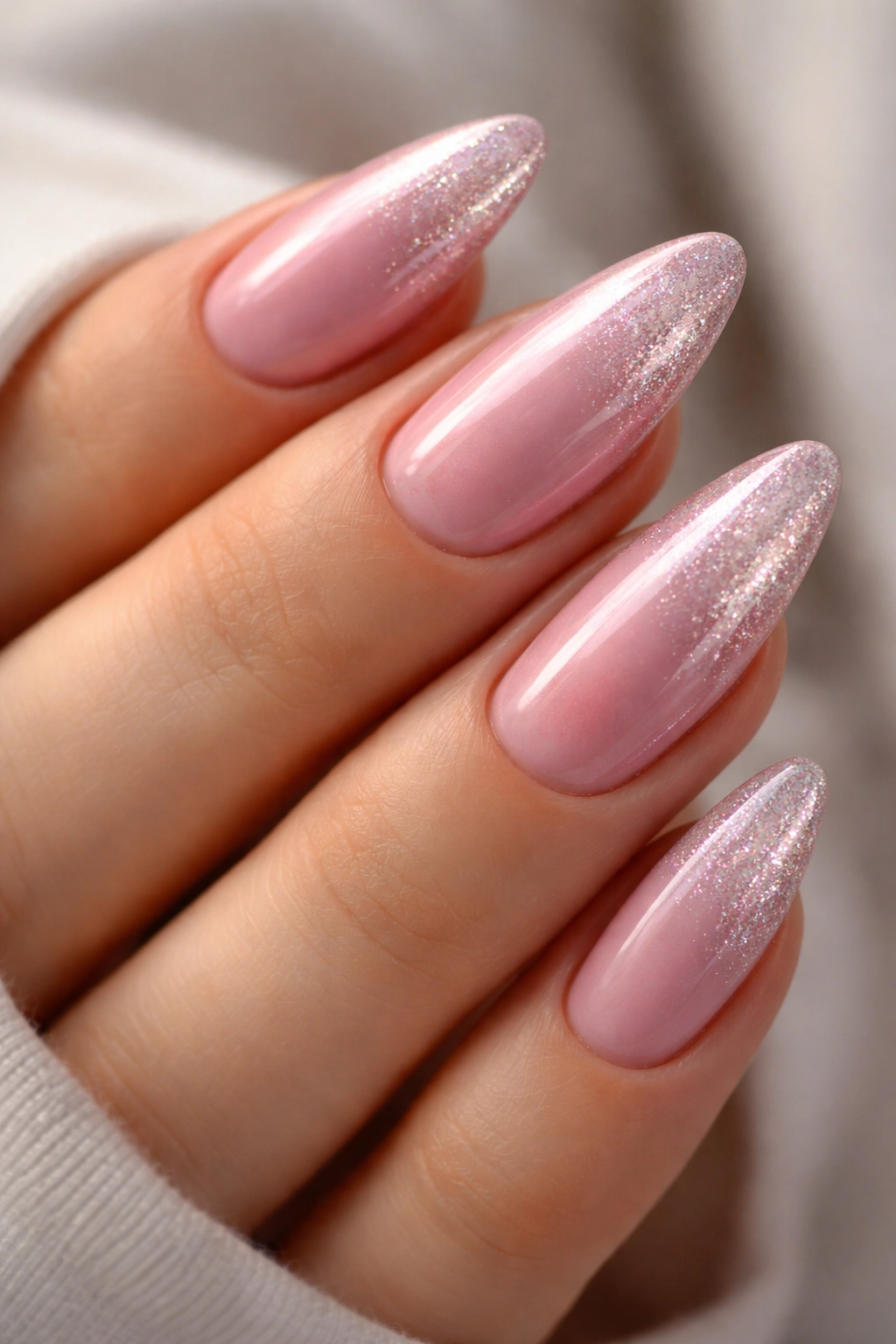 Close-up of almond nails with sheer pink base and fine glitter fade under pink chrome