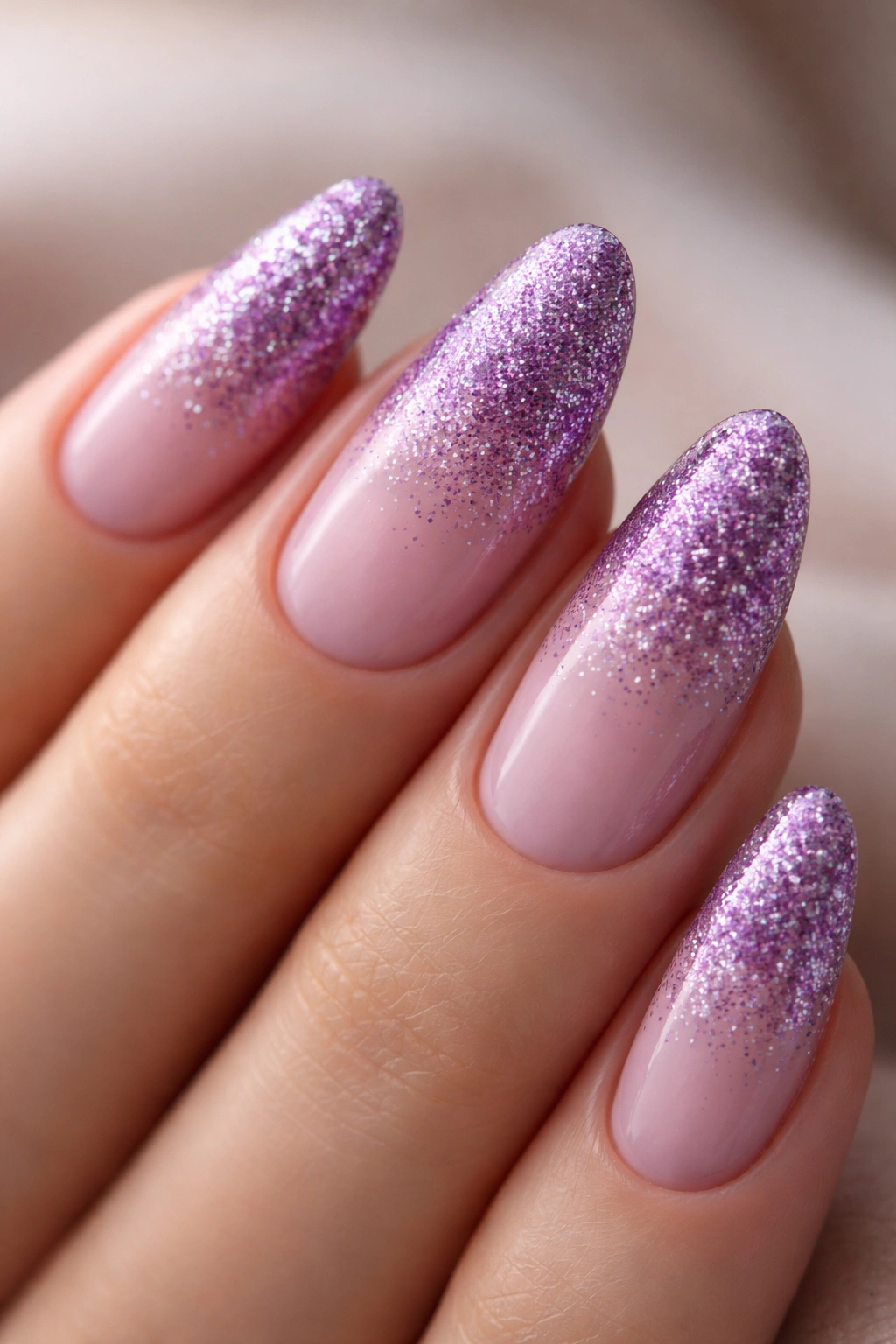 Close-up of an almond nail with purple glitter gradient fading from cuticle to tip