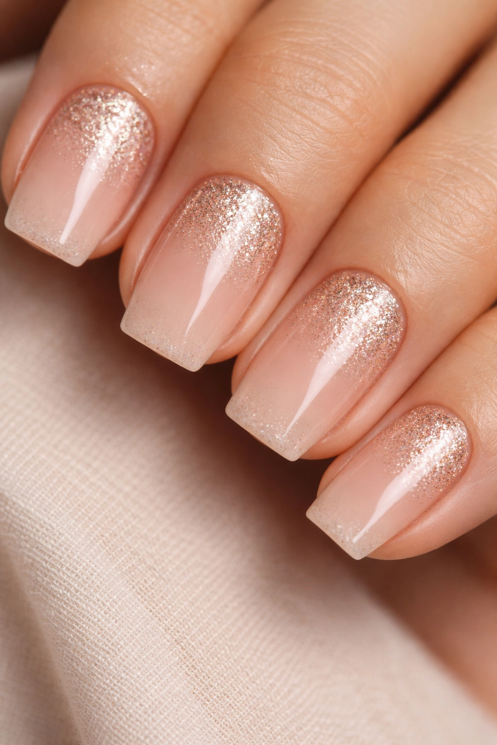 Short coffin nails with fine glitter fade near cuticle on nude base