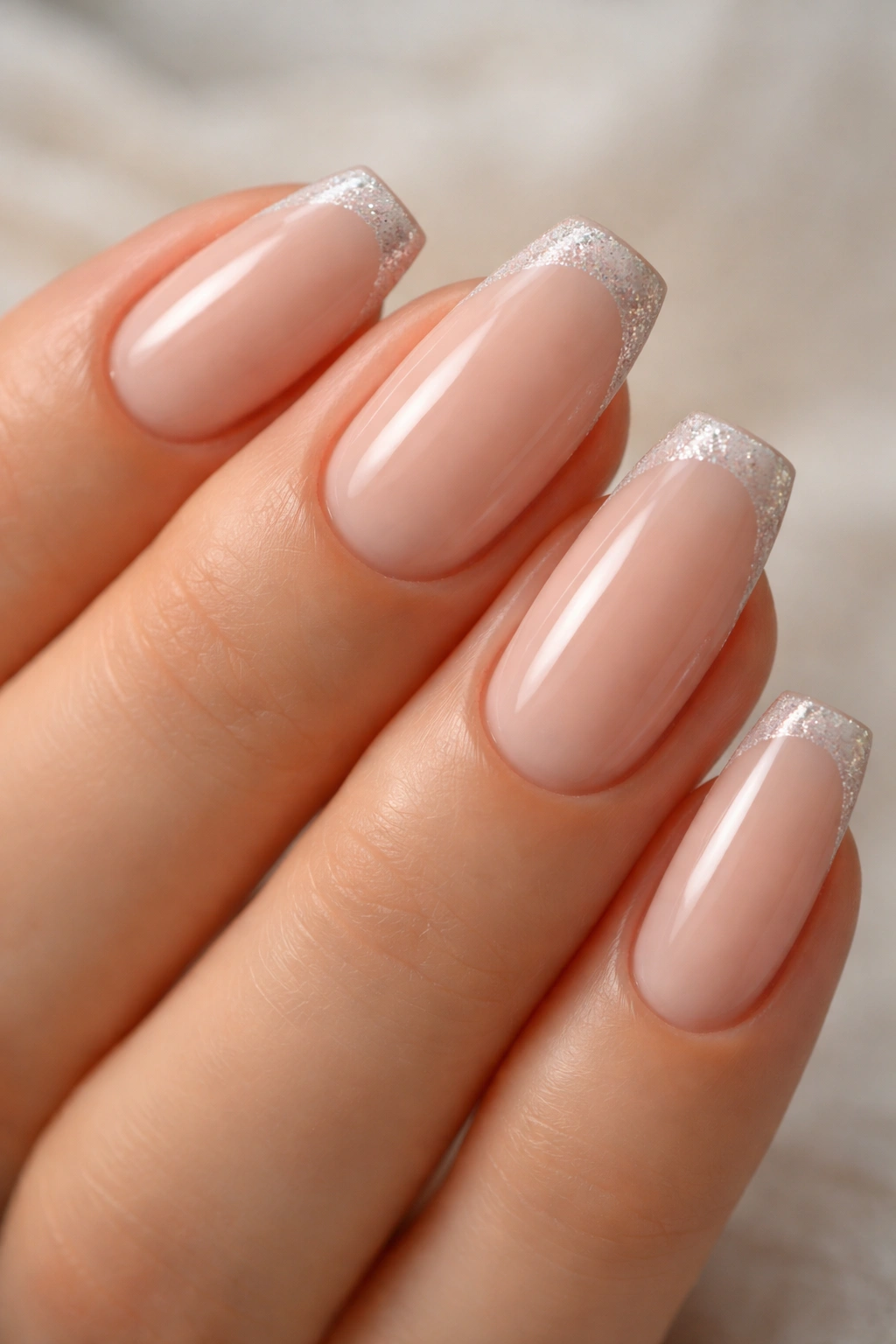Close-up of medium coffin nails with a slim glitter edge over a nude base